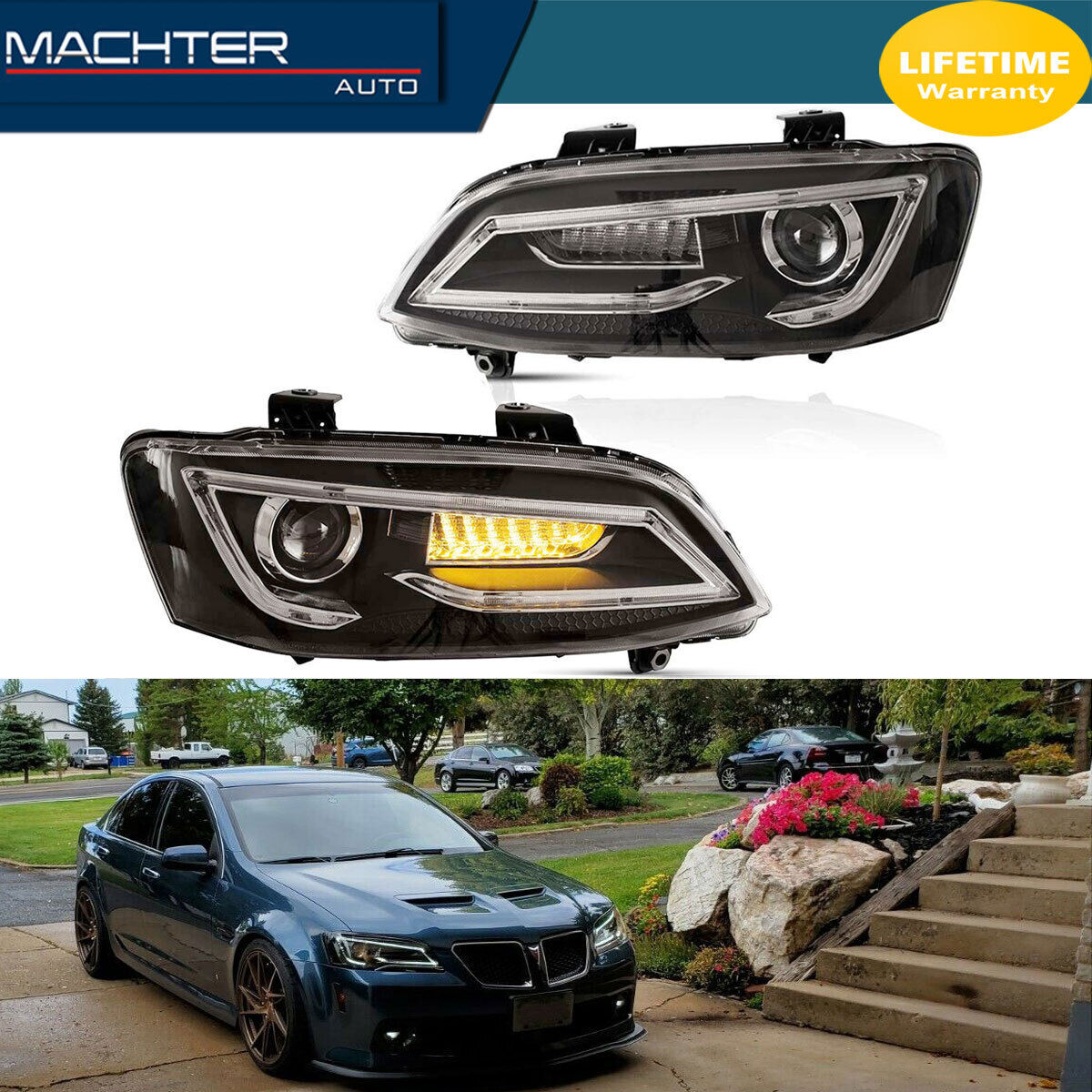 Fit 2008-2009 Pontiac G8 Black Projector LED Headlights Lamps Left+Right