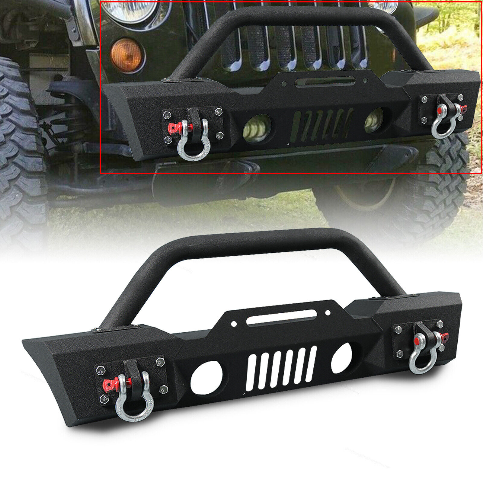 Black Textured Front Bumper Stubby W/Winch Plate Fit 07-18 Wrangler JK Unlimited