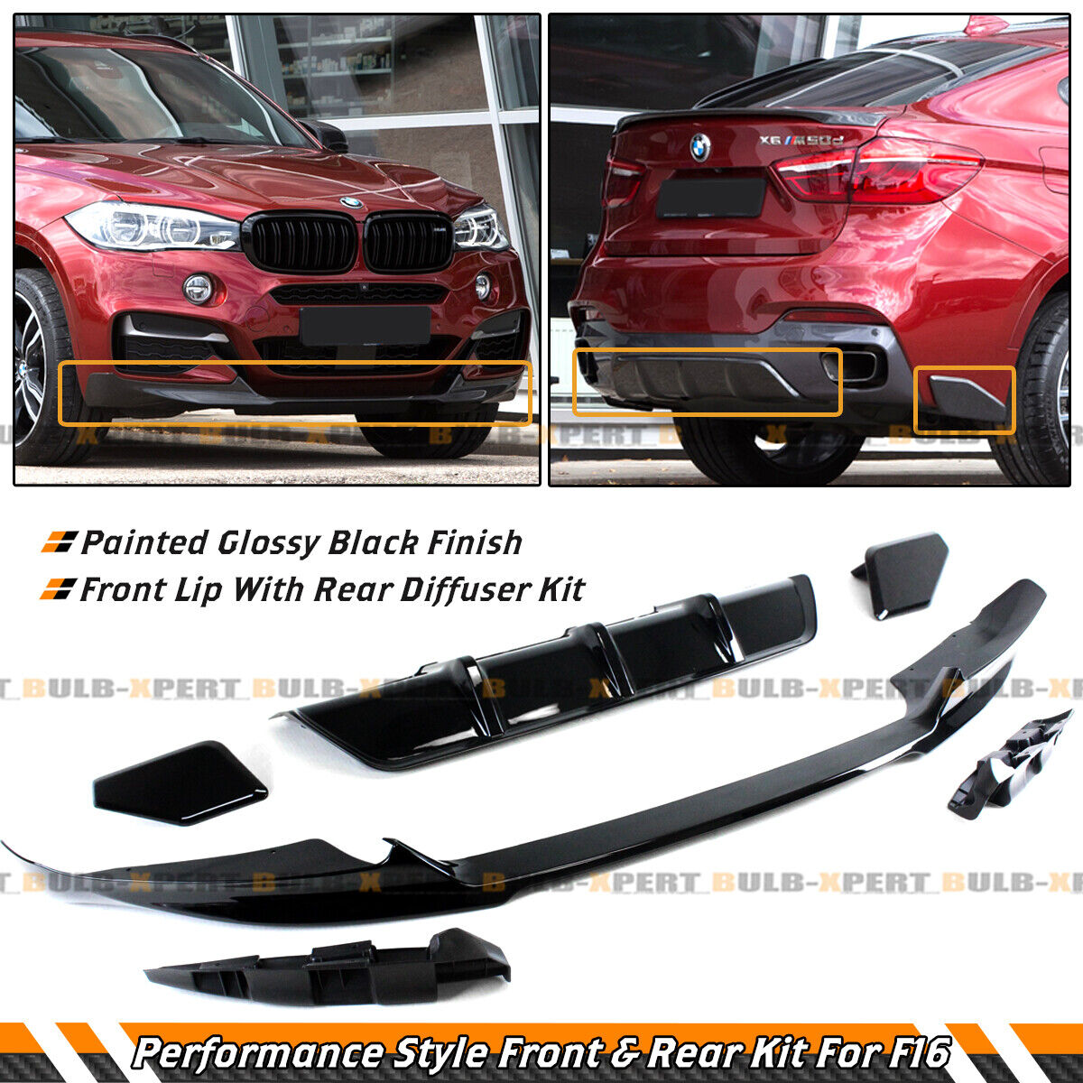 For 15-19 BMW X6 F16 M Sport Performance Style Gloss Black Front + Rear Aero Kit