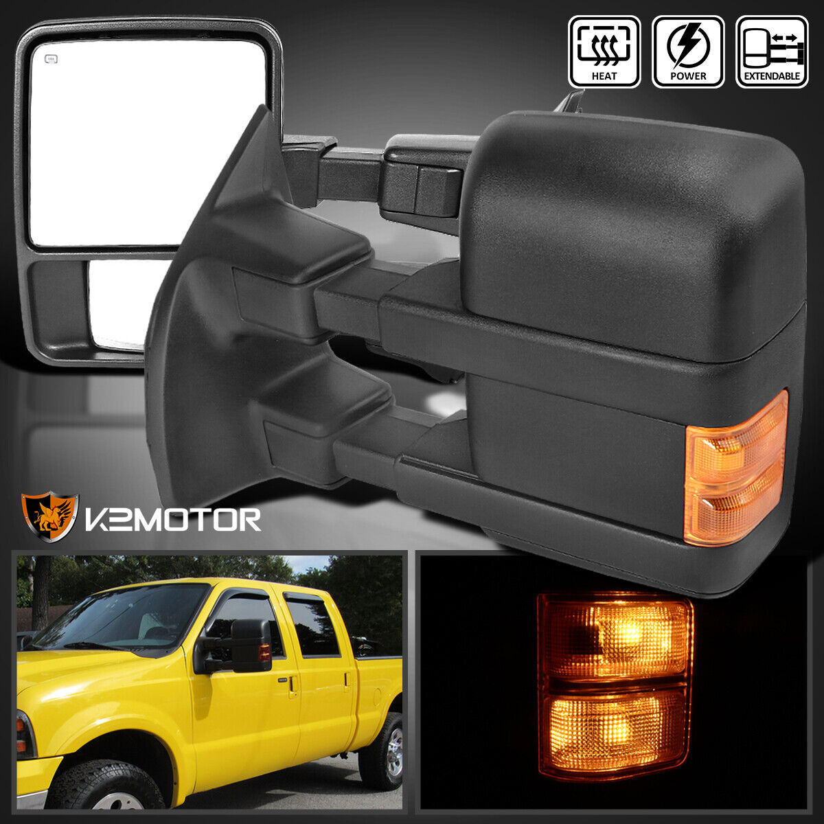 For 1999-2016 Ford F250 F350 F450 Super Duty Power Heated Tow Mirrors+LED Signal