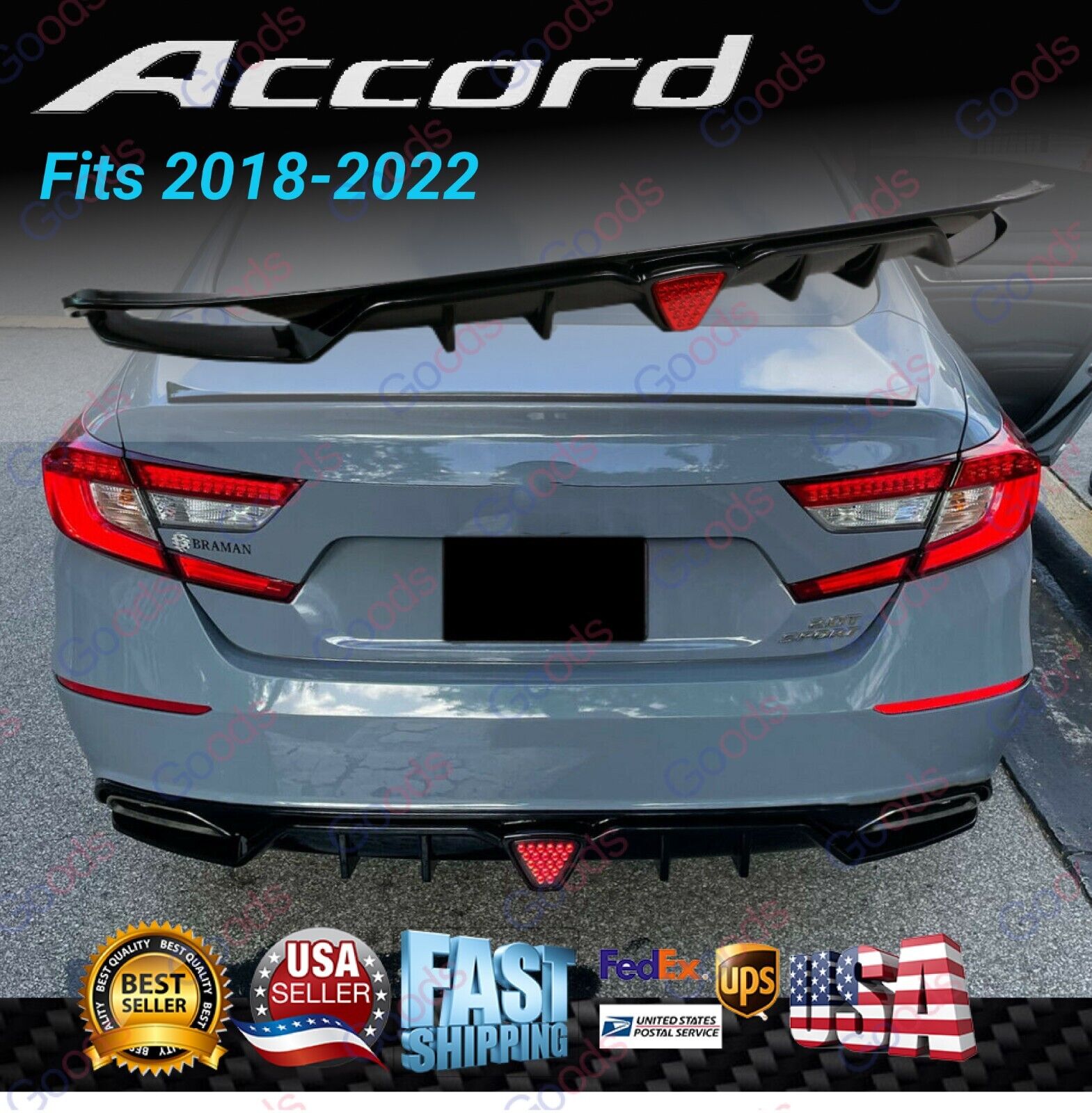 For Honda Accord 2018-22  Sport Gloss Black LED Brake Light Rear Bumper Diffuser