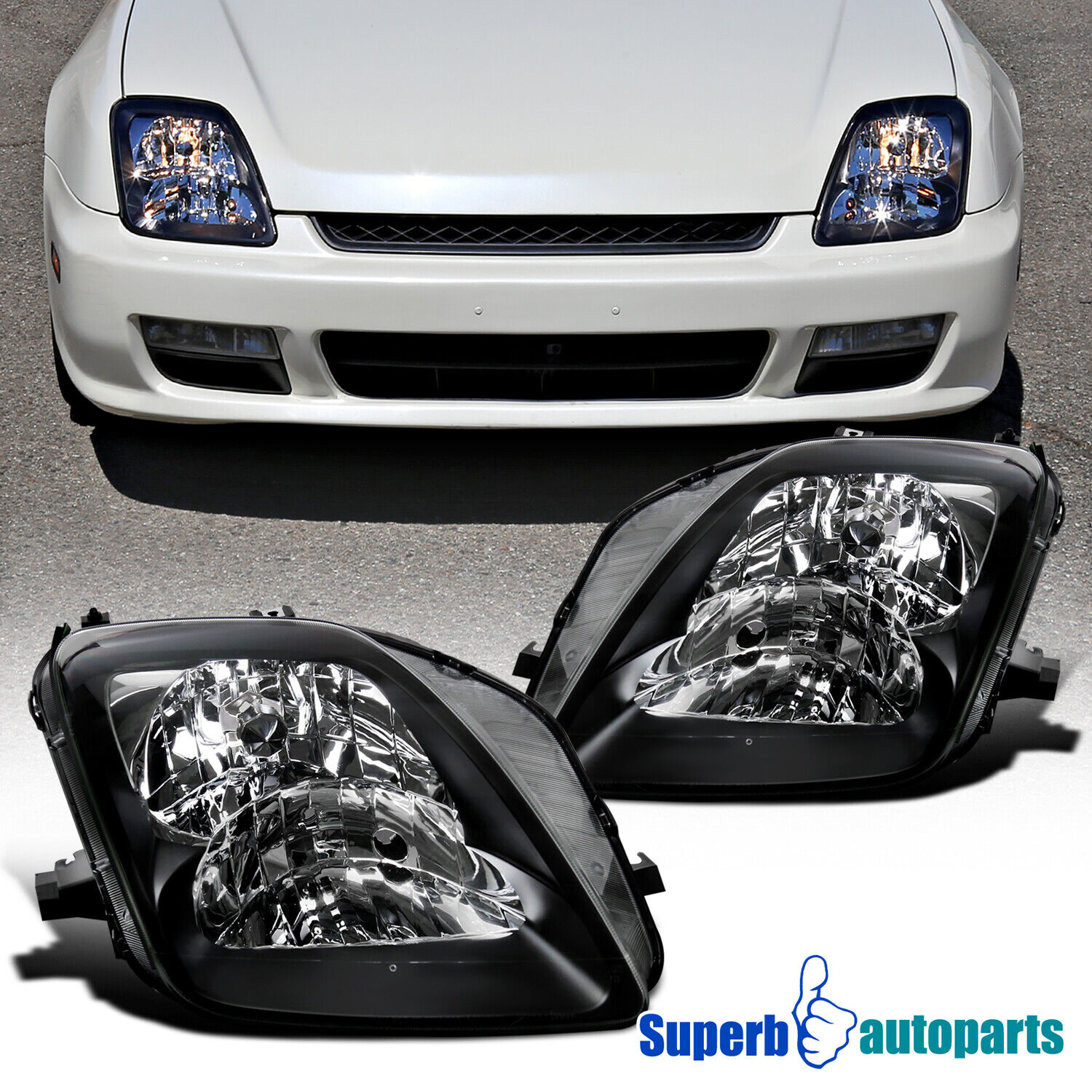 Fits 1997-2001 Honda Prelude Black Headlights Head Lamps Replacement L+H