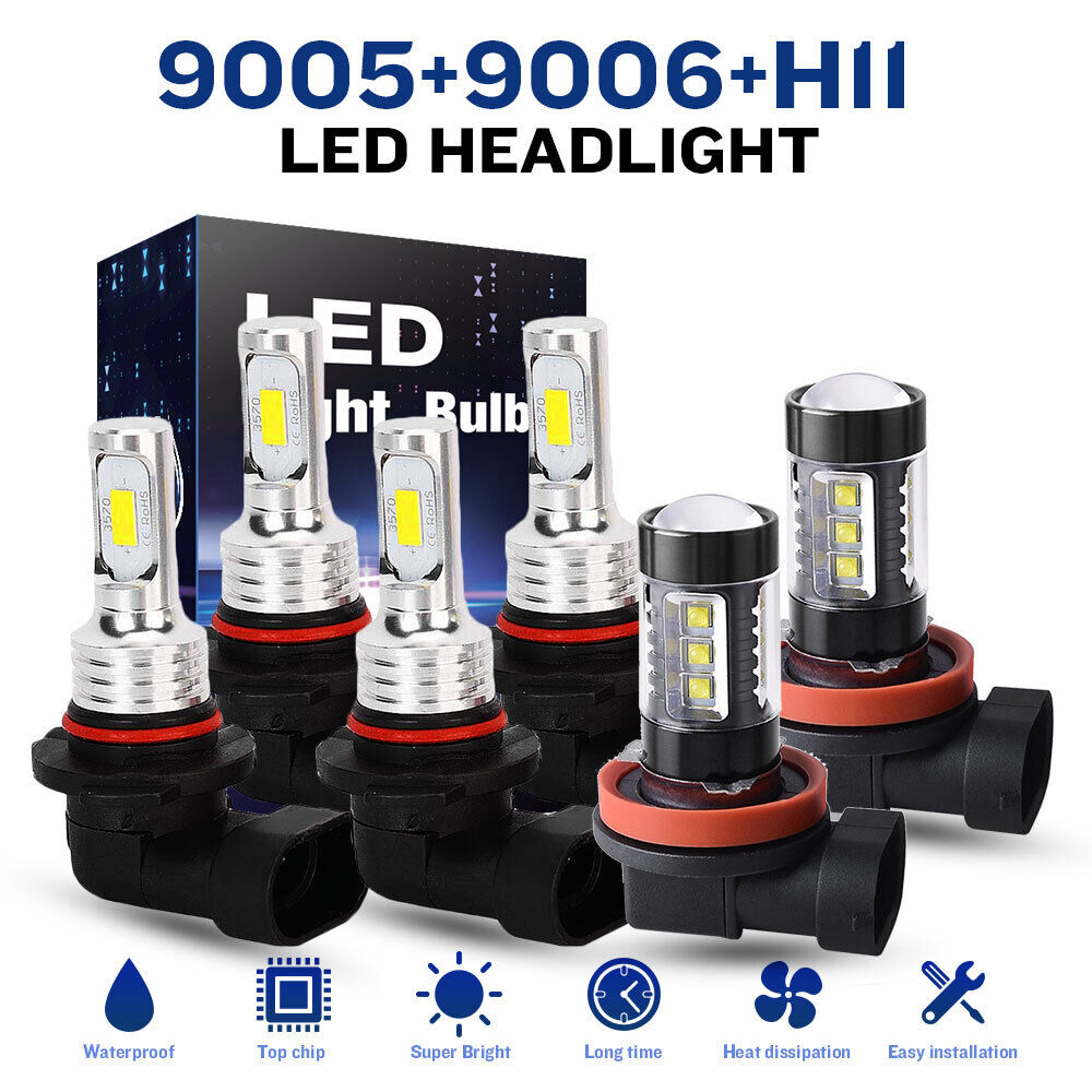 9005 9006 H11 Combo LED Headlight High/Low Beam Fog Light Bulbs Kit 6000K White