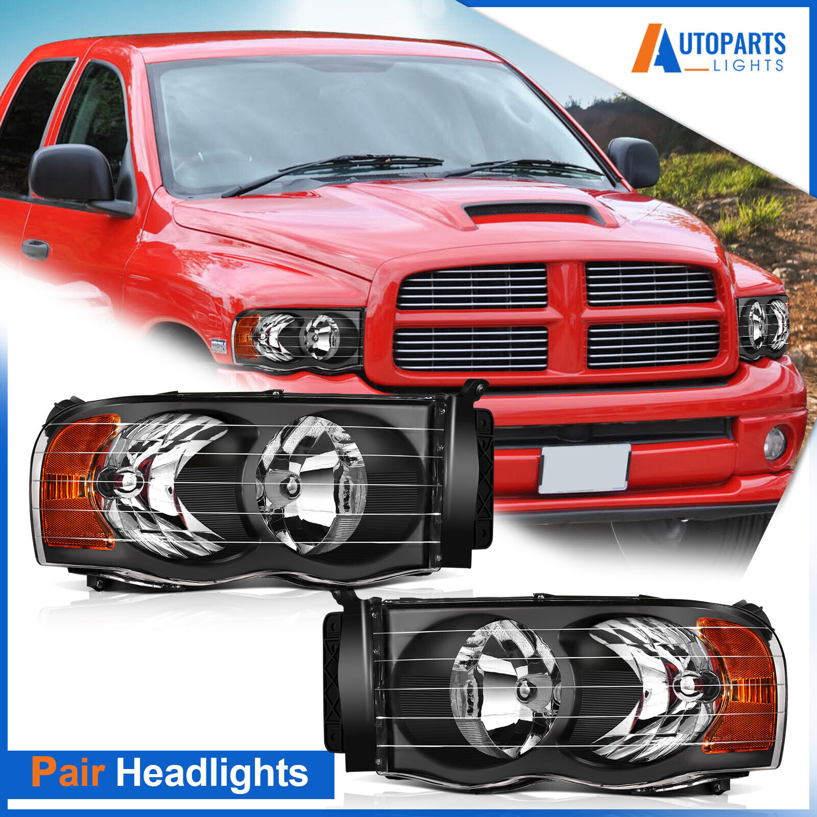 Pair Headlights Assembly For 2002-2005 Dodge Ram 1500 2500 3500 Pickup LH RH