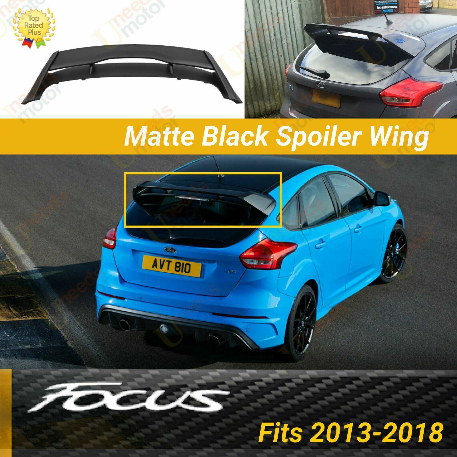 Fits Ford Focus 2013-2021 Hatchback RS Style Rear Roof Wing Spoiler Matte Black