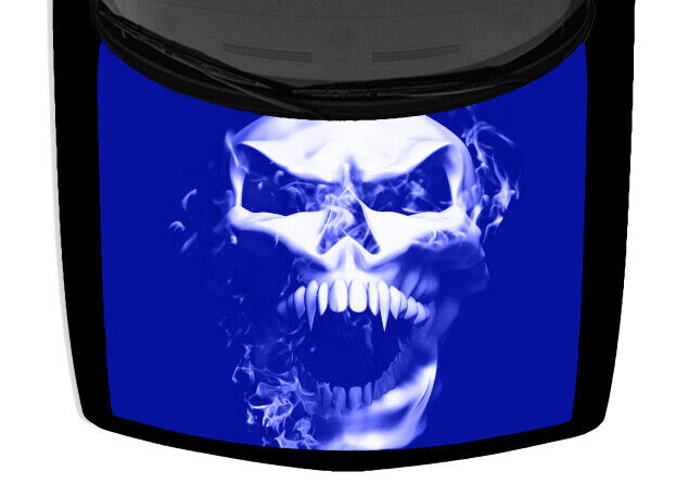 Flame Skull Fangs Truck Hood Wrap Vinyl Car Graphic Decal Grunge Cobalt Blue USA