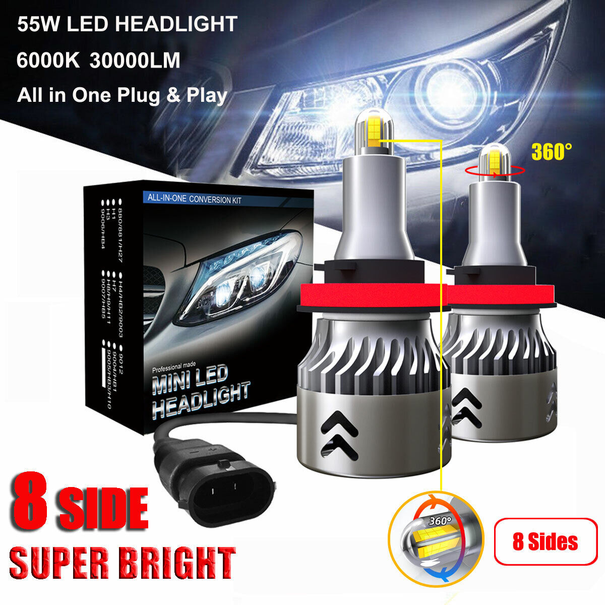 8 Side 110W 30000LM H8 H9 H11 360° Car Canbus LED Headlight Lamp Kit White 6000K