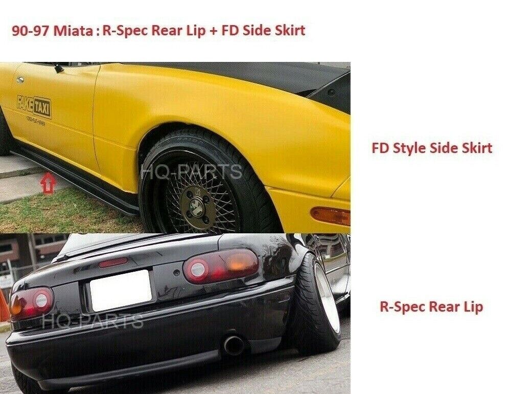 Combo For 90-97 Miata FD Style Side Skirt + RS Style Rear Bumper Lip Black PU