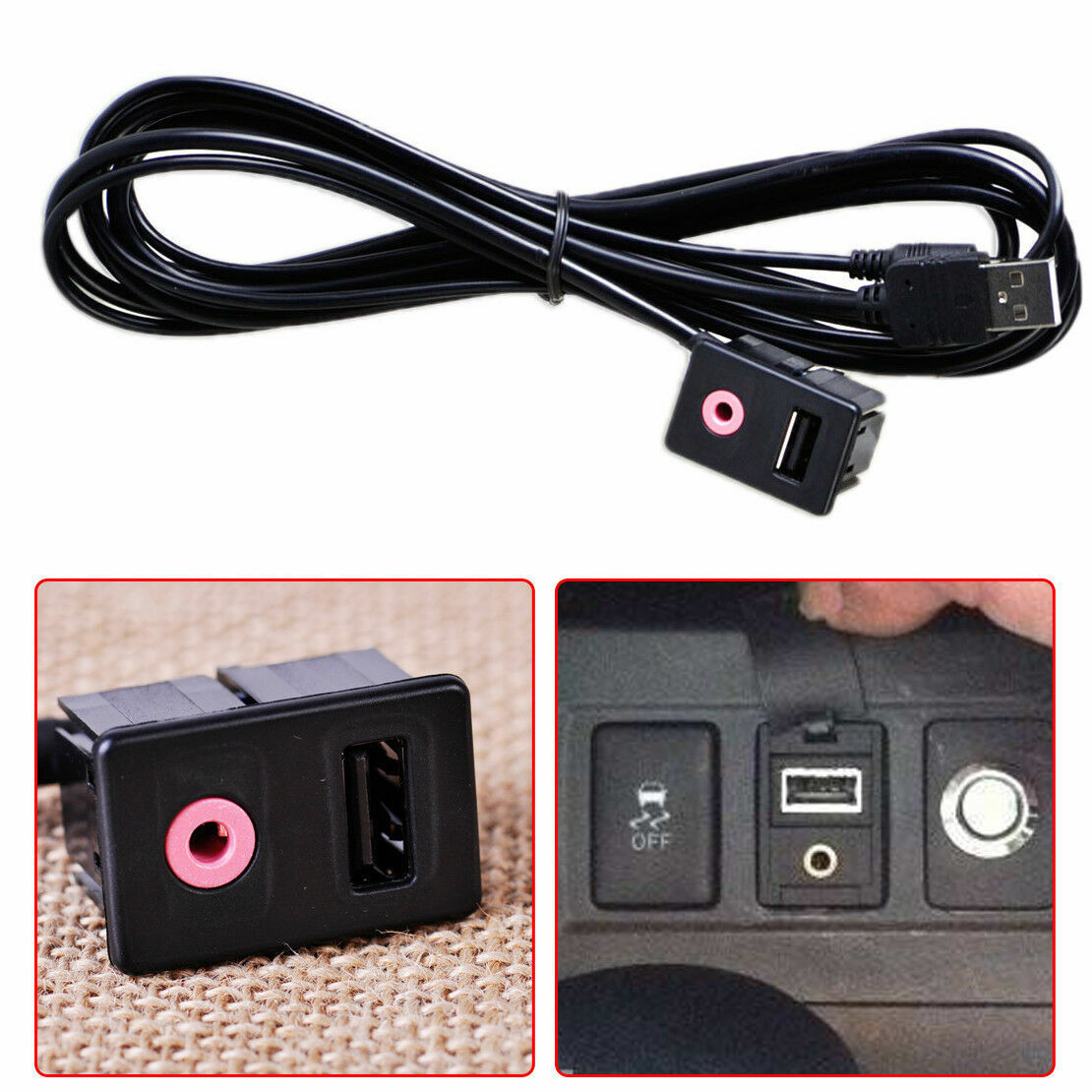 Car Dashboard Panel USB Audio Flush Mount Adapter Cable 3.5mm AUX Male Mounting