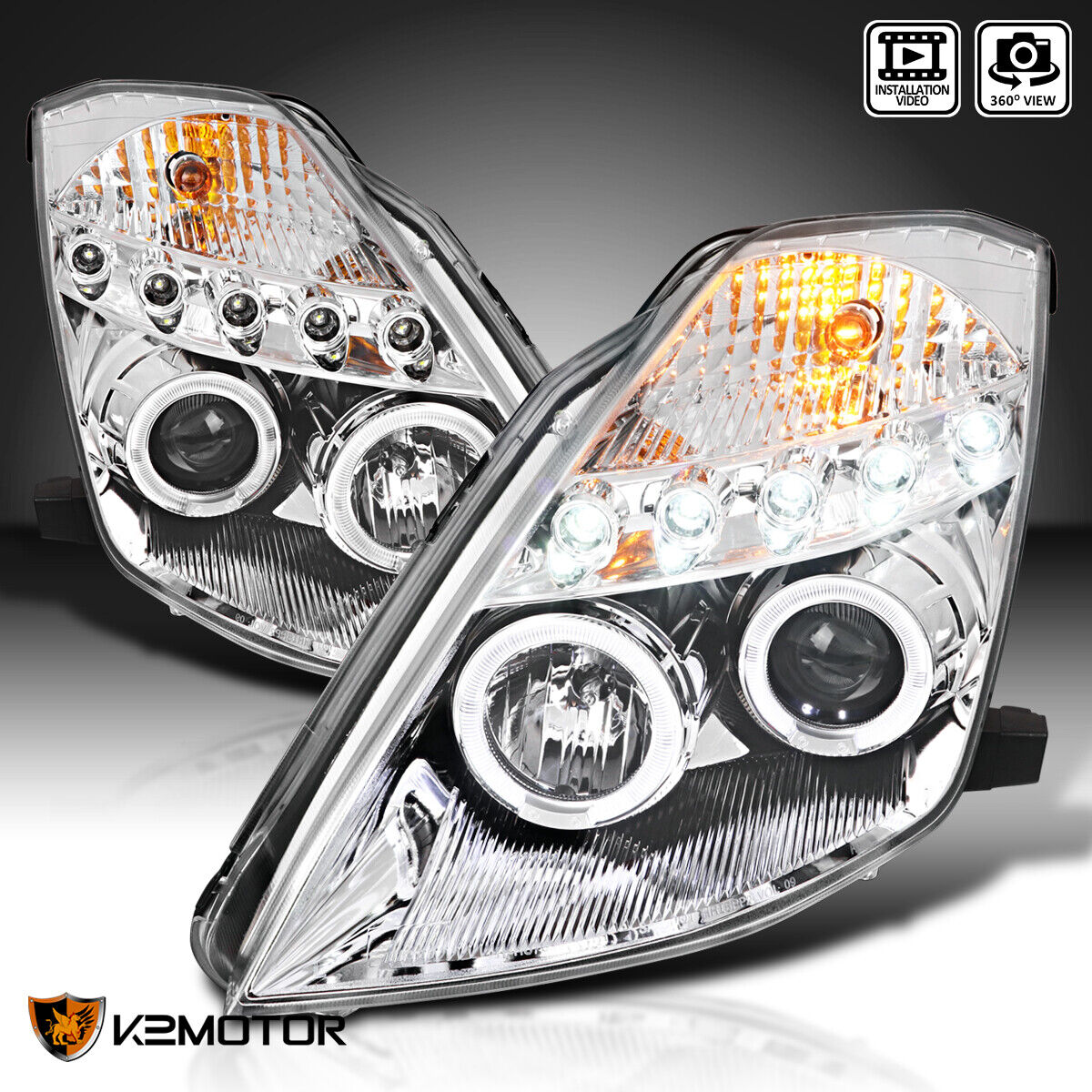 Fits 2003-2005 350Z Clear LED Halo Projector Headlights Lamp Left+Right 03 04 05