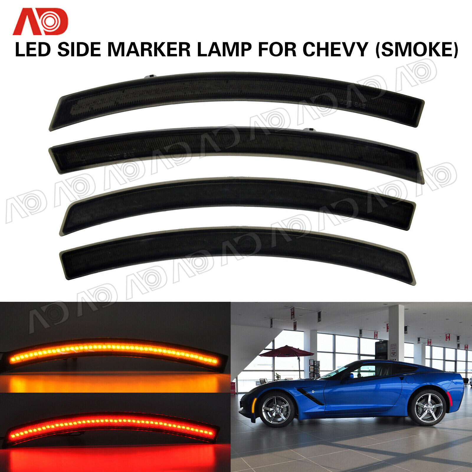 For Chevy Corvette C7 2014-2019 SMOKED LED Side Marker Light Lamp Red Amber 4PCS