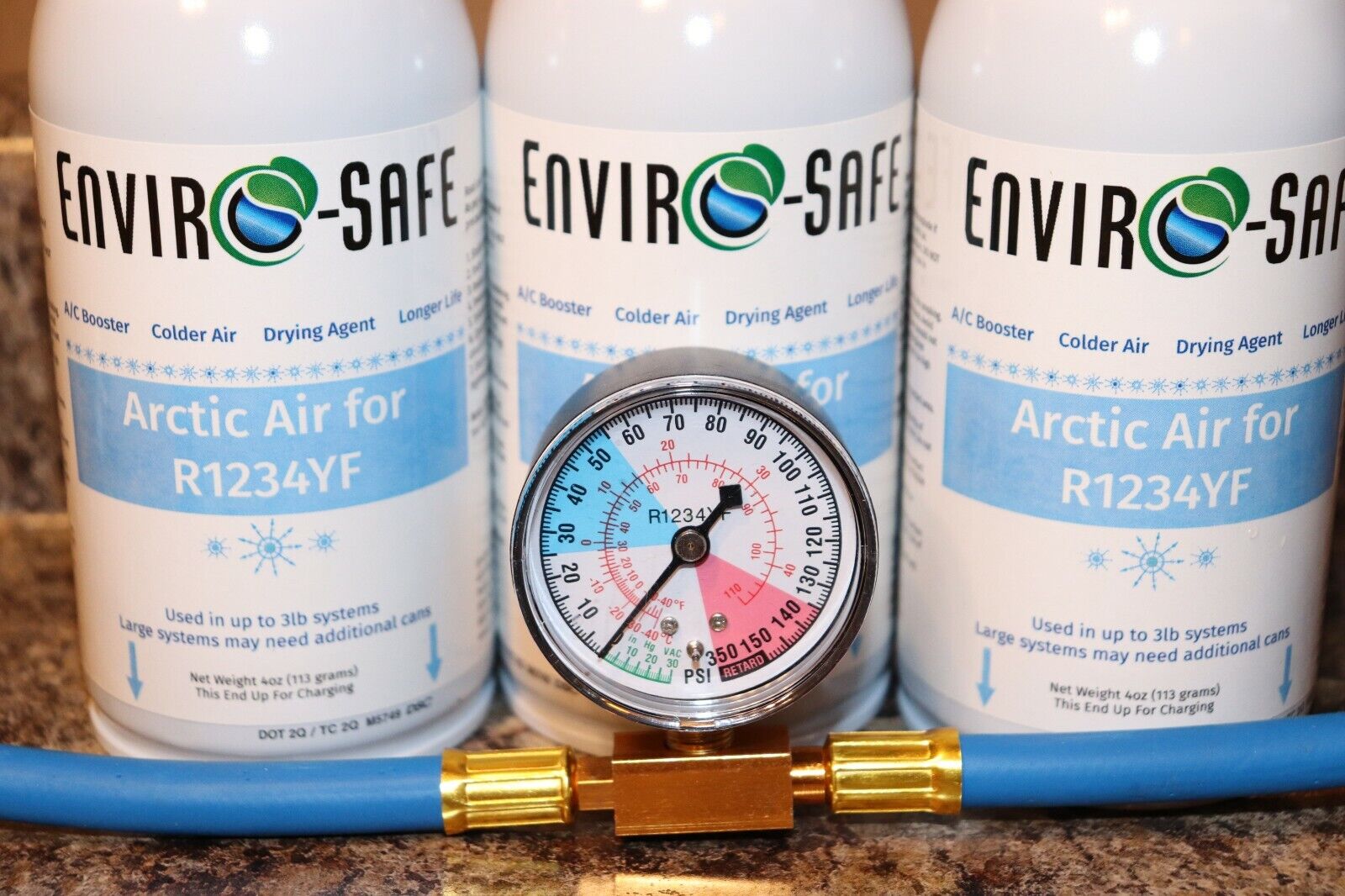 Arctic Air for R1234yf, 3 cans with Gauge, COLDER AIR, Enviro-Safe