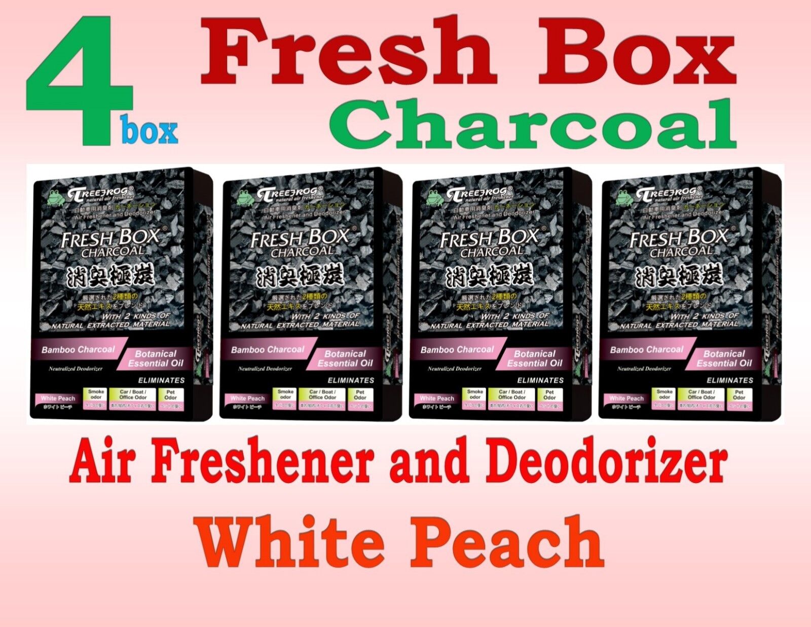 4 pack Treefrog Fresh Box CHARCOAL Deodorizer & Air Freshener- White Peach Scent