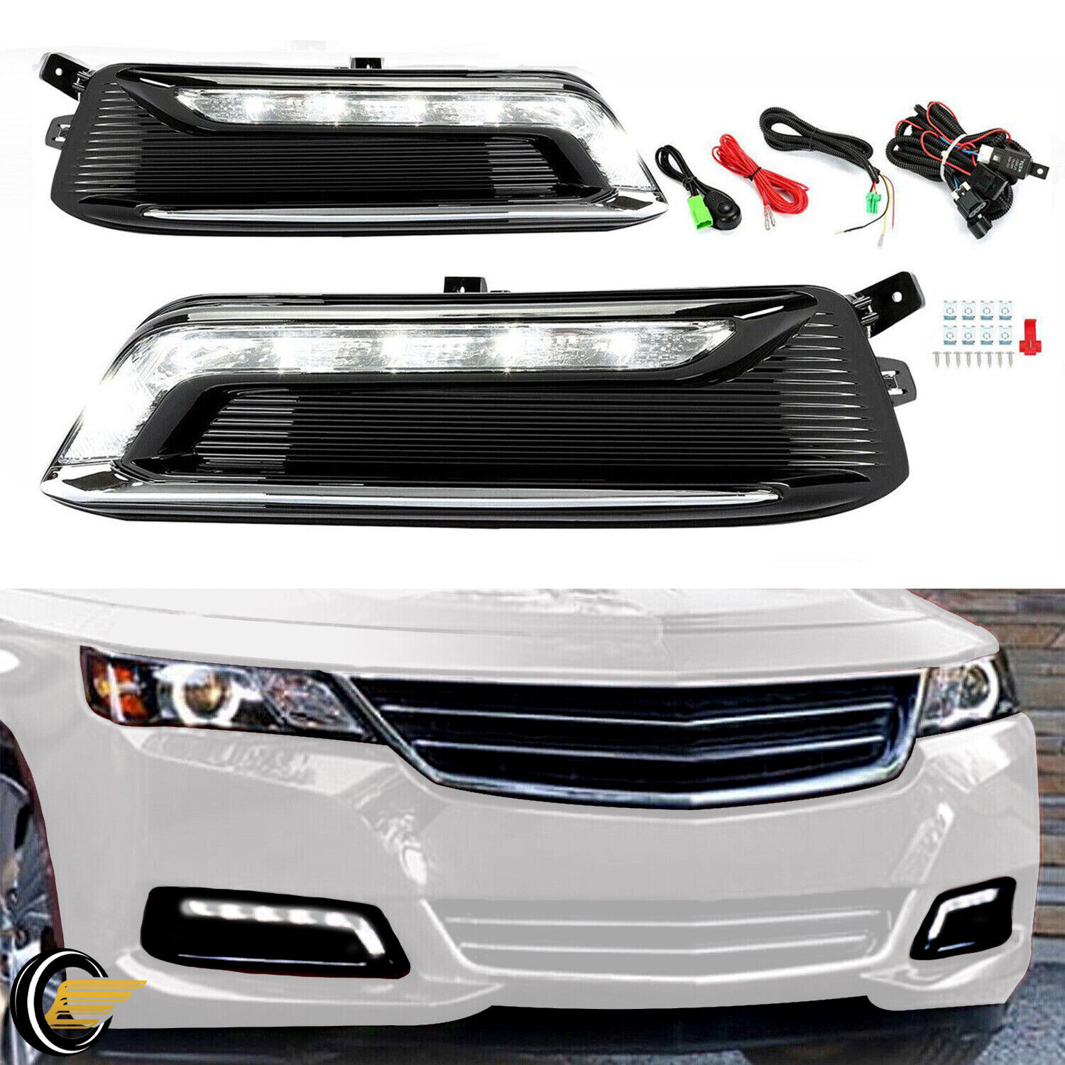 For 14-20 Chevrolet Impala Clear LED DRL Fog Lights Day Running Lamp Wiring Kit