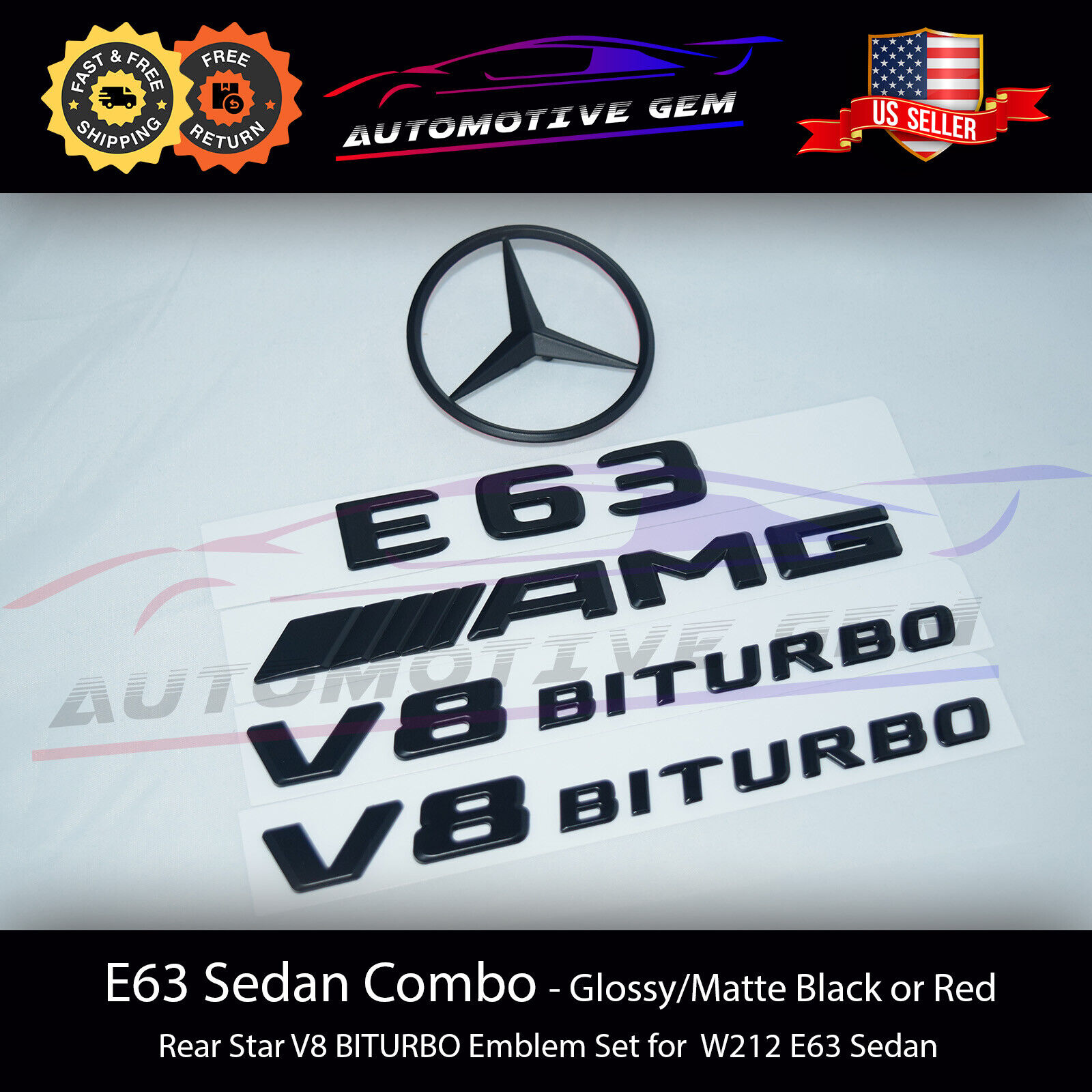E63 AMG V8 BITURBO Rear Star Emblem Black Badge Combo Set for Mercedes W212