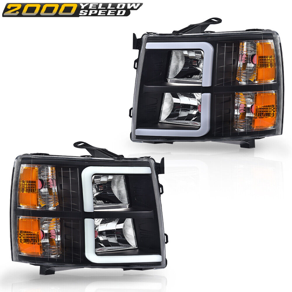 LED DRL Tube Headlights Black/Amber Fit For 2007-2013 Chevy Silverado