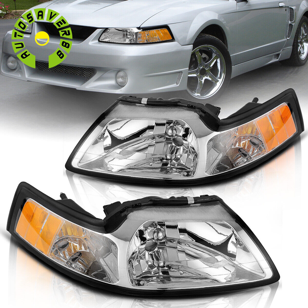 Headlights For 1999-2004 Ford Mustang Replacement Head Lamps Left+Right 99-04