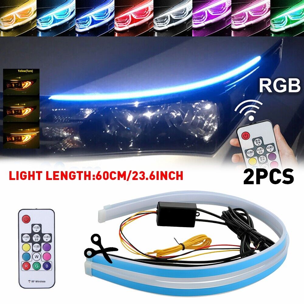 2pcs RGB 60CM LED DRL Light Car Headlight Strip Light Turn Signal Remote Control