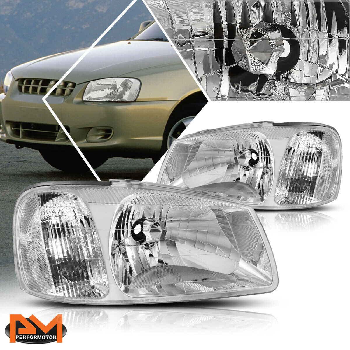 For 00-02 Hyundai Accent Chrome Housing Clear Corner Headlight Replacement Pair
