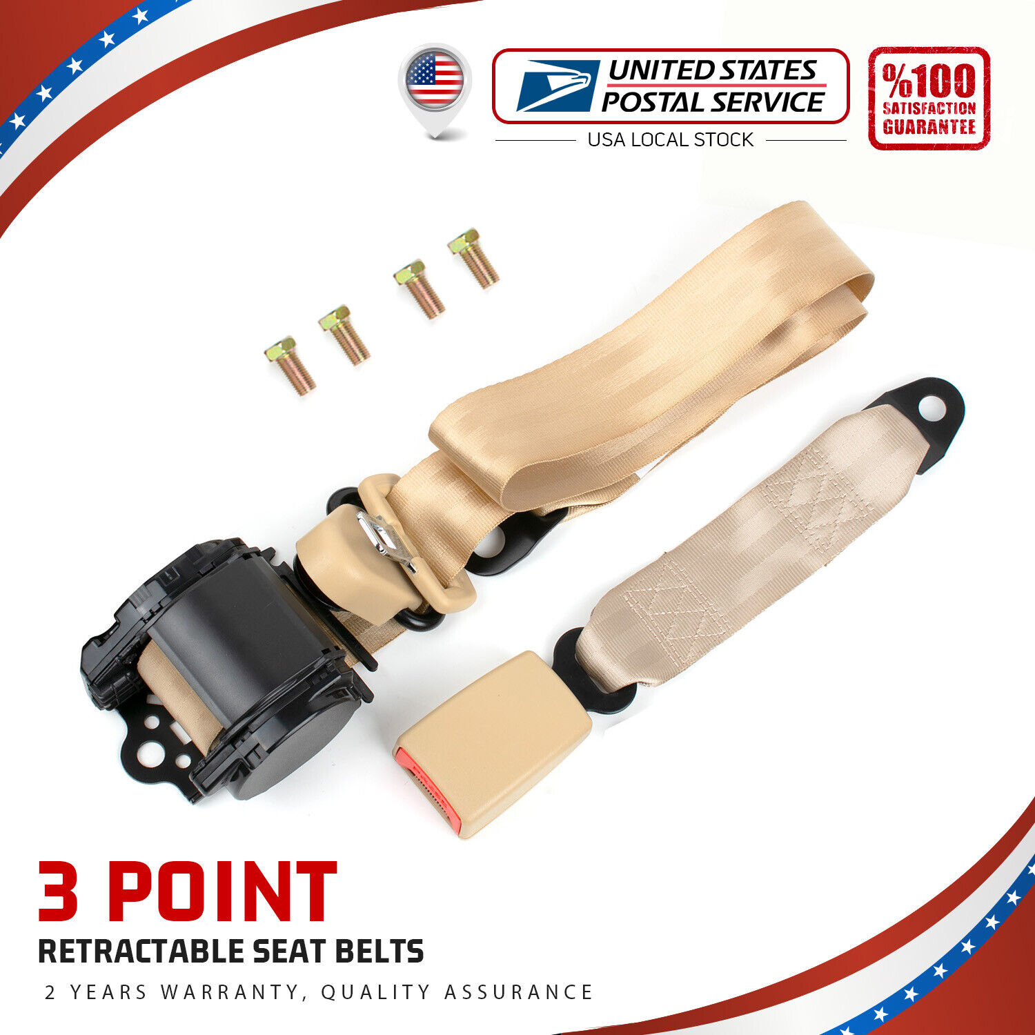 1x beige Universal 3 Point Retractable Adjustable Car Seat Belt USA Sale