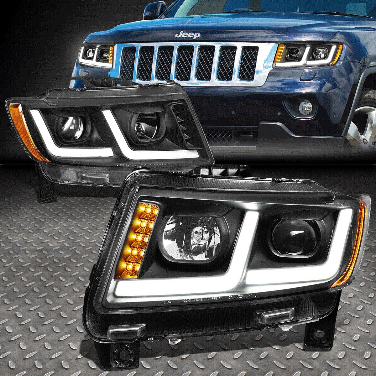 [LED DRL+SIGNAL]FOR 11-13 JEEP GRAND CHEROKEE PROJECTOR HEADLIGHT BLACK/AMBER
