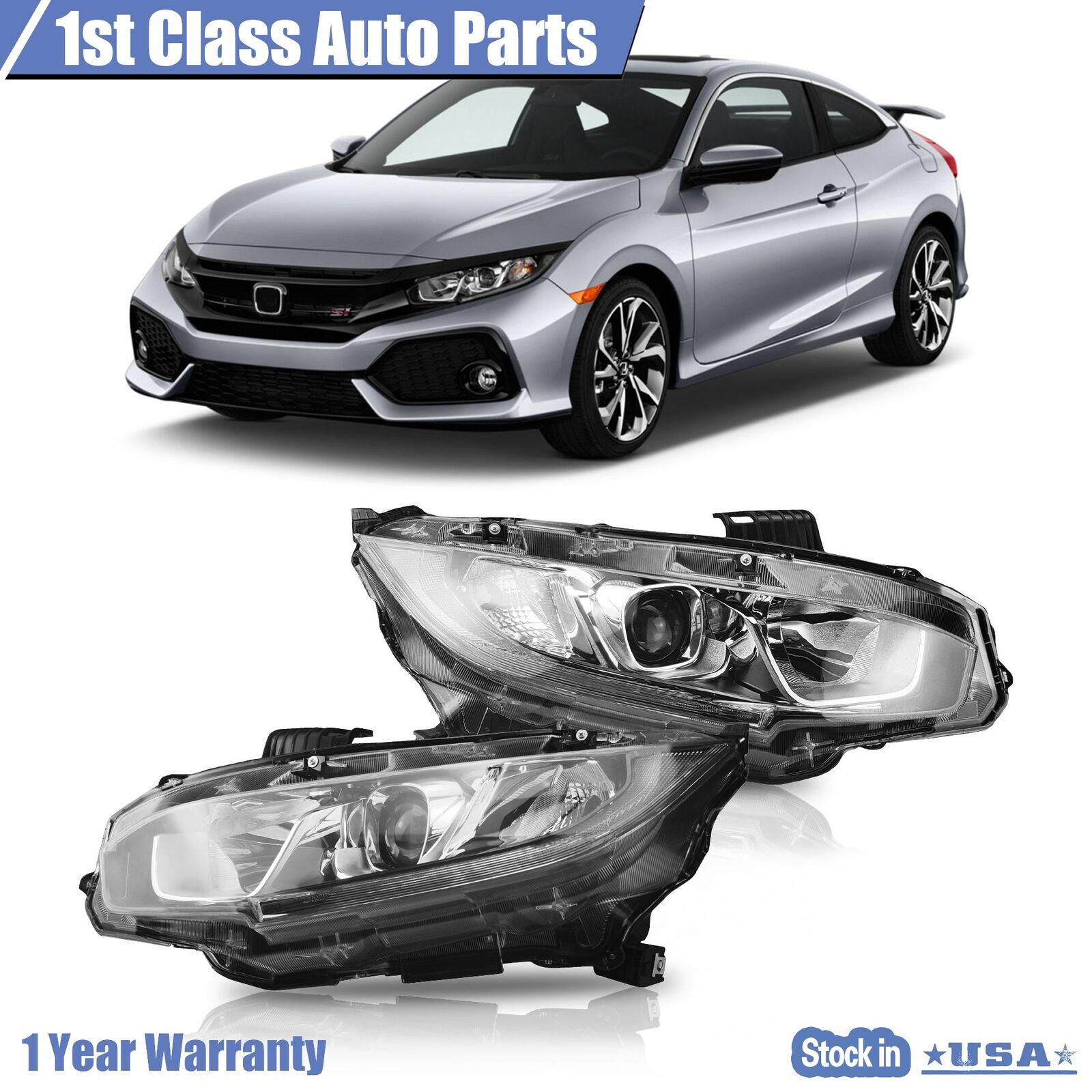 For 2016-21 Honda Civic Set of 2 Left & Right Halogen Headlights Assembly Lamps