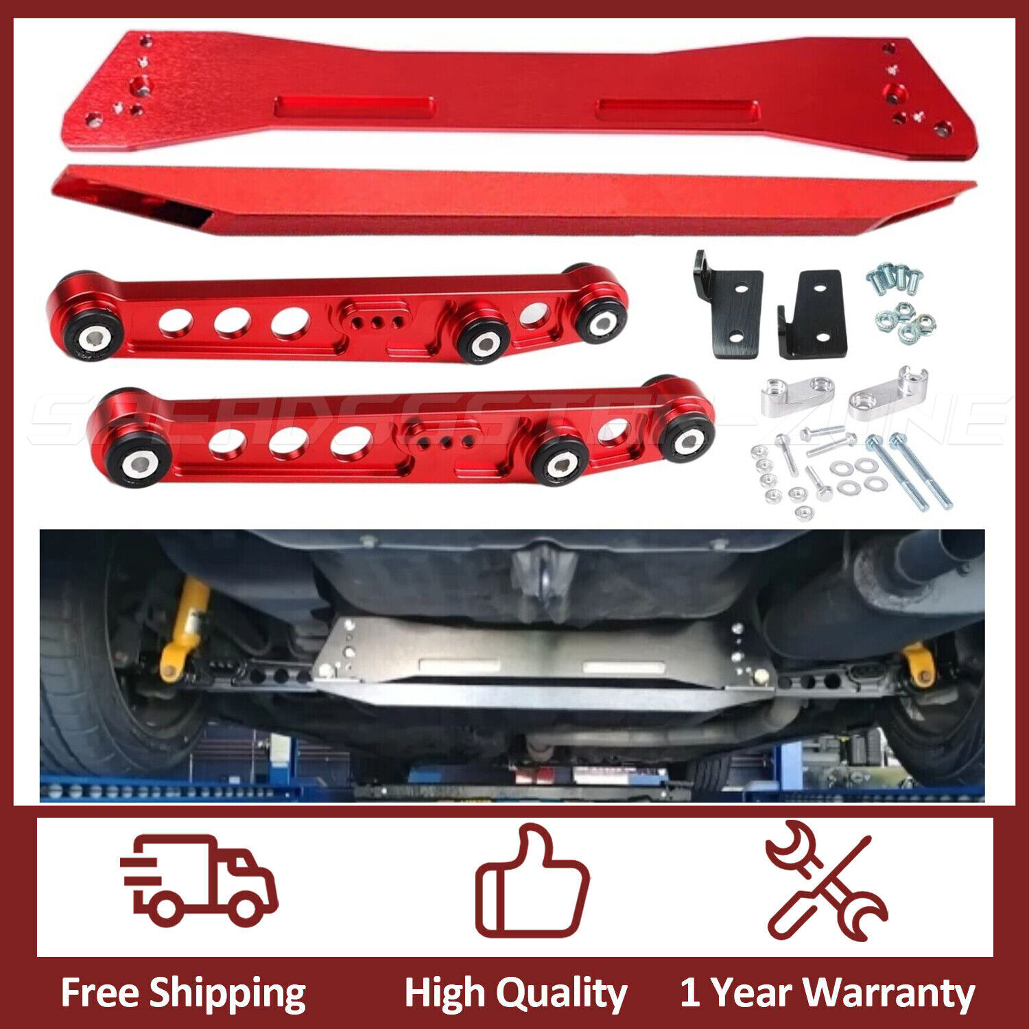 Red Rear Lower Control Arms + Subframe Brace + Tie Bar for Honda Civic EG 92-95