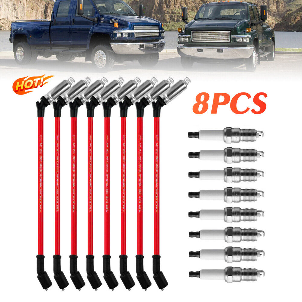 8Pcs High Performance Spark Plugs and 8x10.5mm Wires Set for Chevy GMC V8 Engine