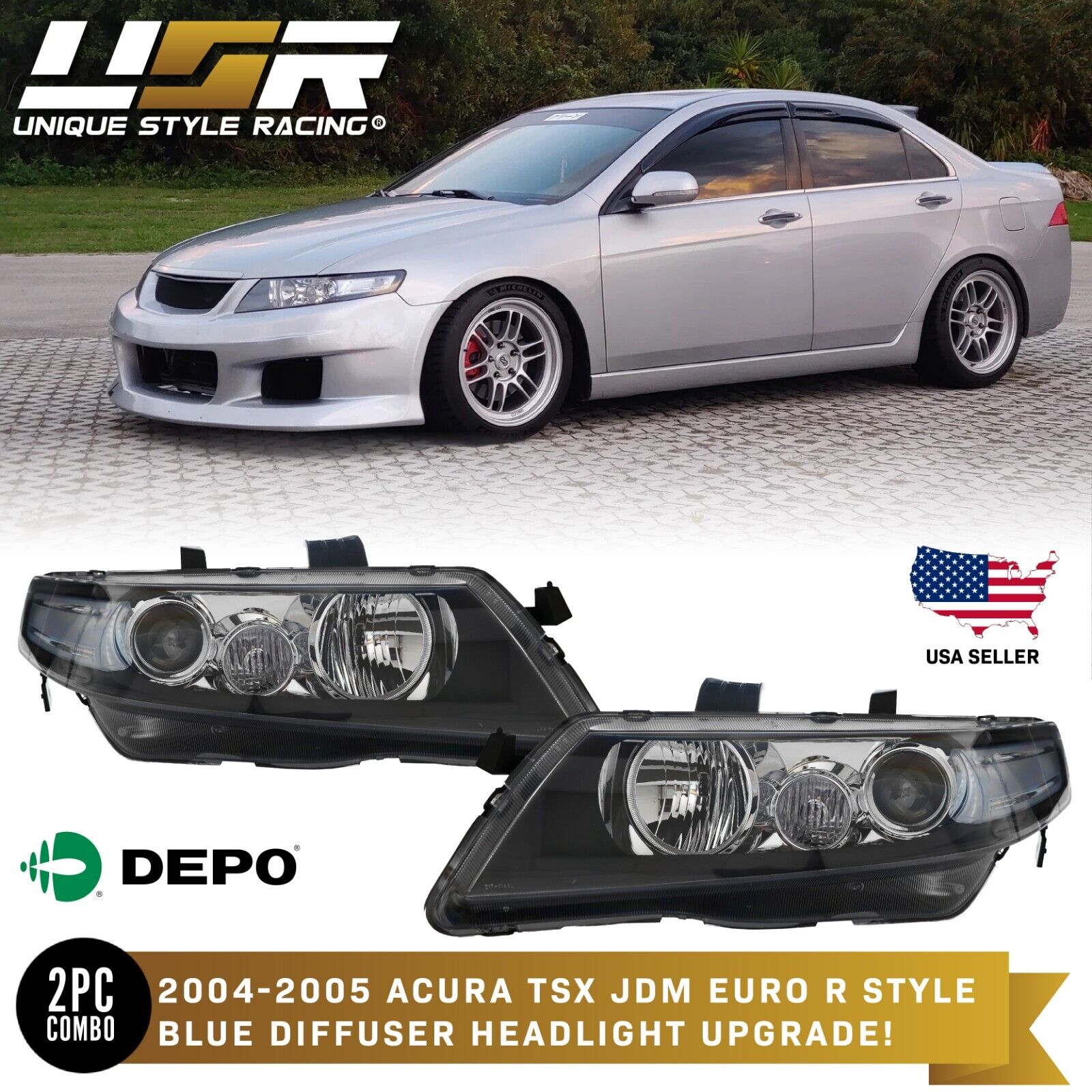 DEPO Euro R CL7 JDM Headlights Blue / Clear Lens Fit 2004-2005 Acura TSX