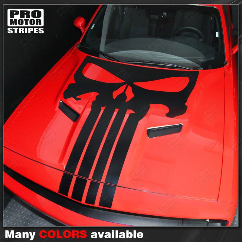 Decal for Dodge Challenger 2008-2023 Punisher Skull Hood Stripe (Choose Color)