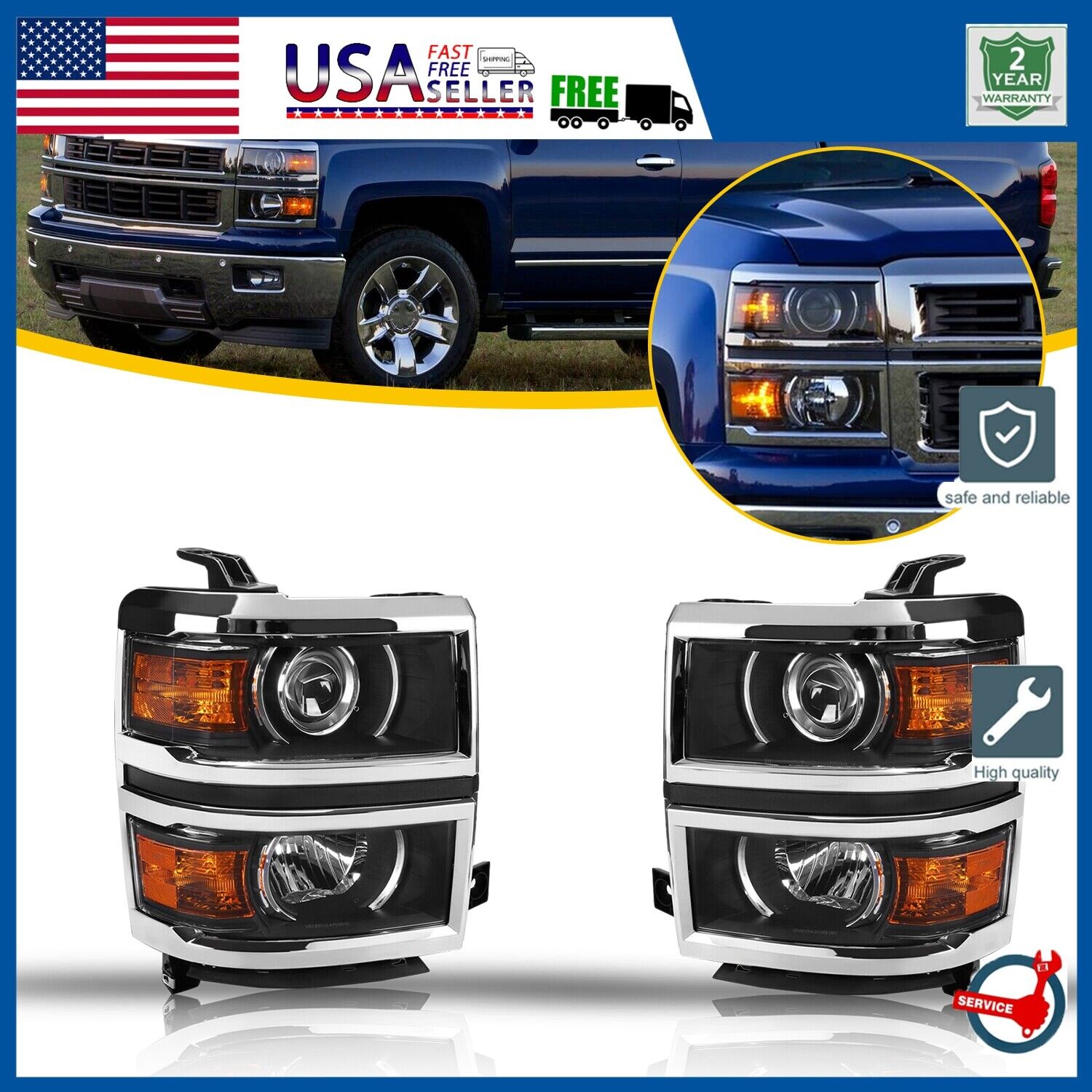 For 14-15 Chevy Silverado 1500 Pickup Projector Headlights Headlamps Left+Right