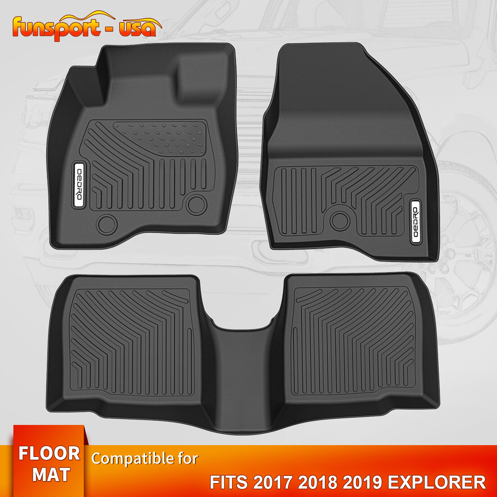 Floor Mats TPE Rubber Liners 3D Molded for 2017-2019 Ford Explorer All-weather