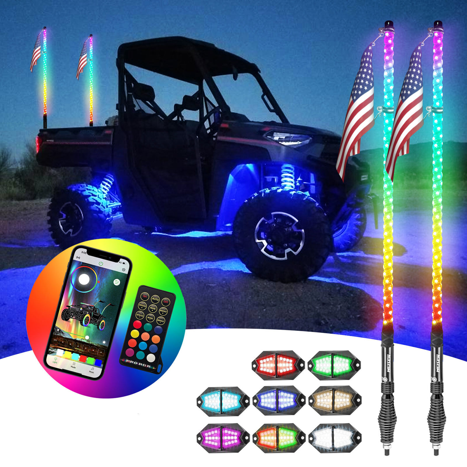 WEISEN Pair 3ft RGB Spiral LED Whip Lights + 8 Rock Lights Bluetooth For ATV UTV