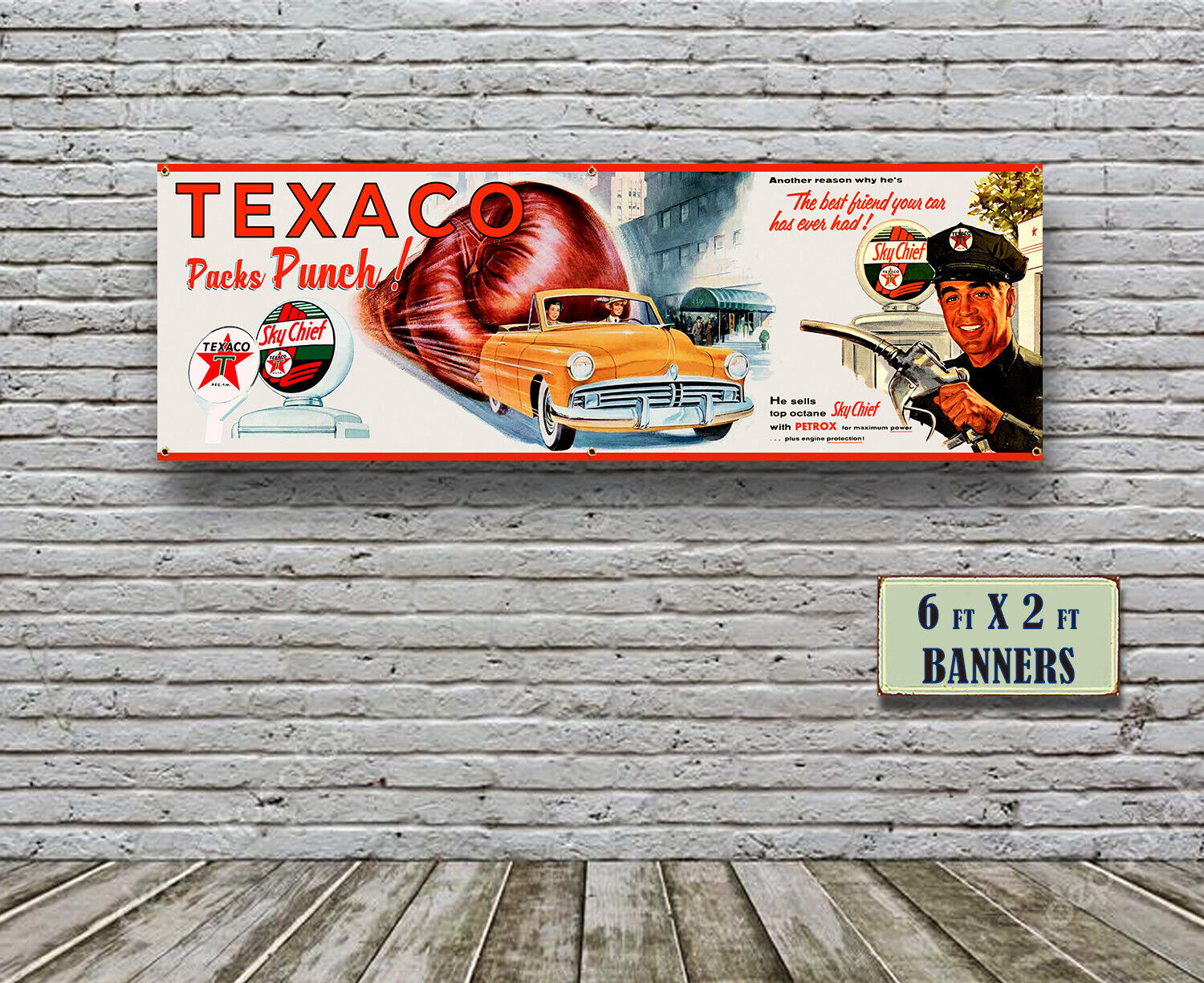 1950\'s Texaco Oil Garage Banner Gas Sign Mancave Gasoline Super cheif Hot Rod 55