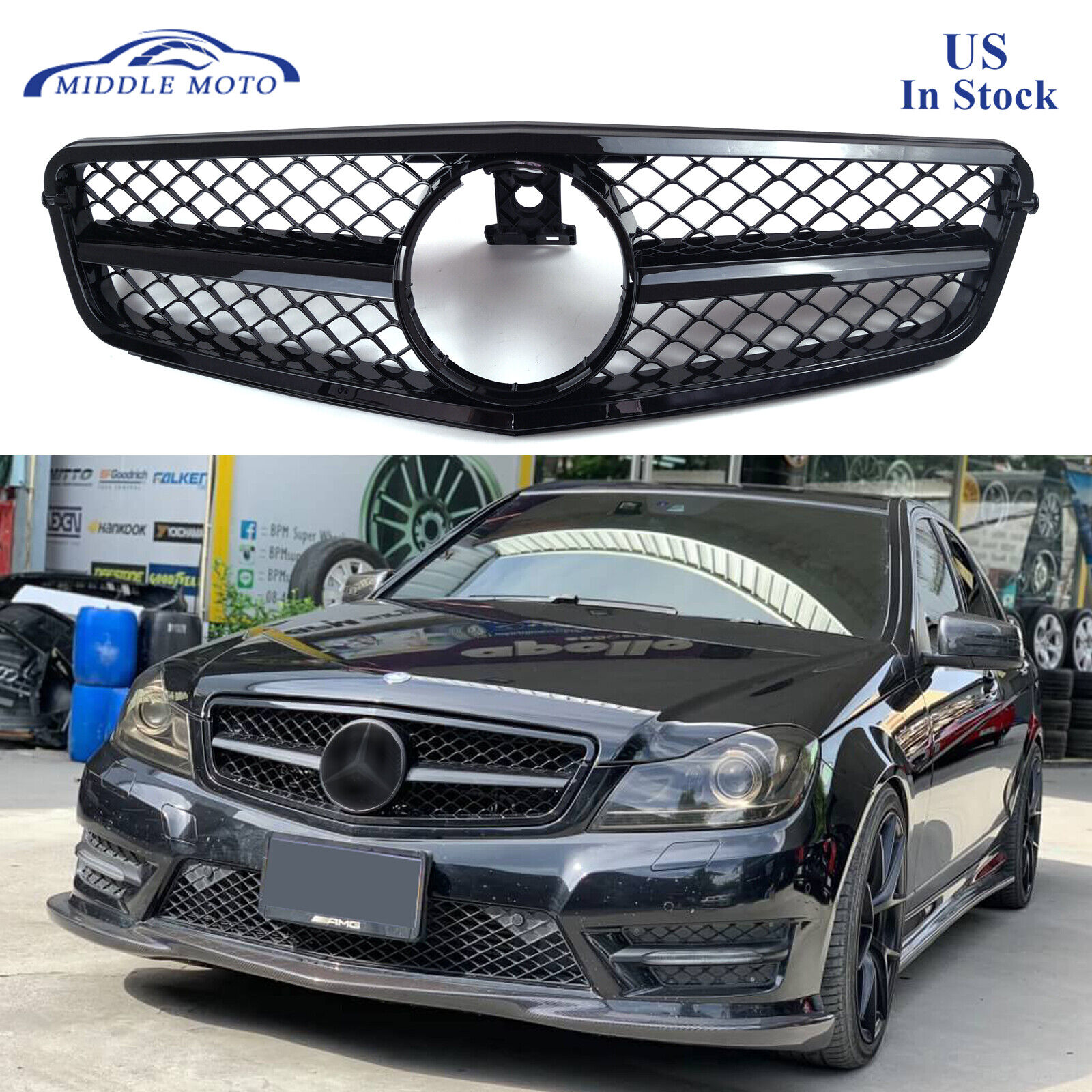 Gloss Black AMG Style Front Grille Grill For Mercedes Benz W204 C250 C350 08-13
