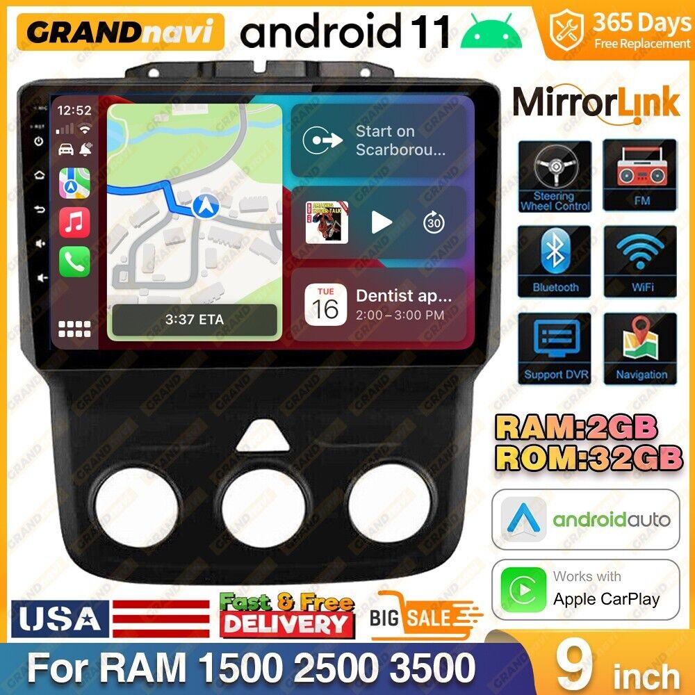32G Android 11 Car Radio Stereo Carplay GPS Navi FM For Dodge RAM 1500 2500 3500