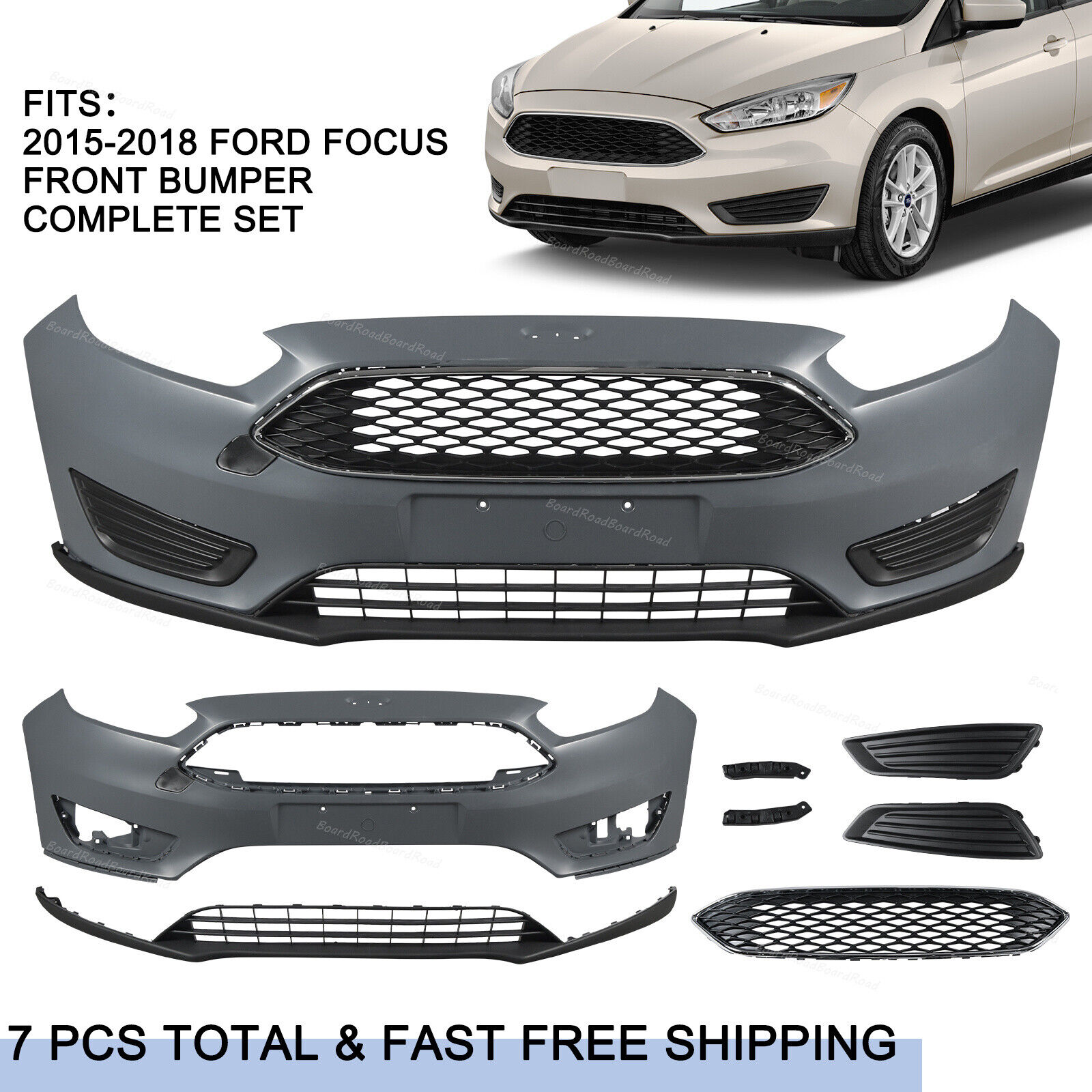 Fits 2015-2017 2018 Ford Focus Front Bumper Cover Complete Grill Upper & Lower