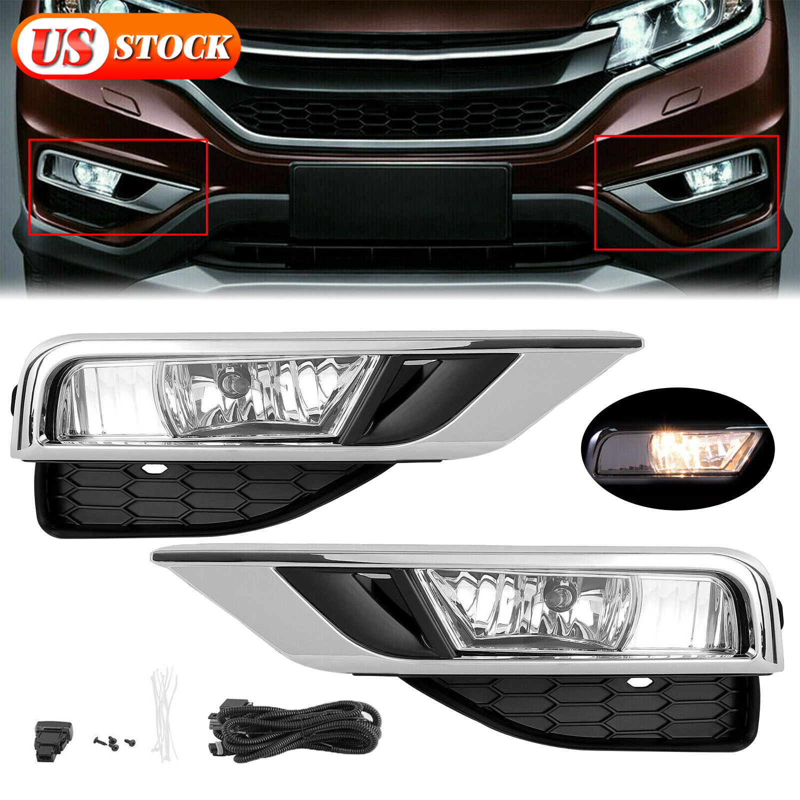 For 15 16 Honda CRV CR-V Replacement Fog Lamps Lights w/ Bezels & Wiring