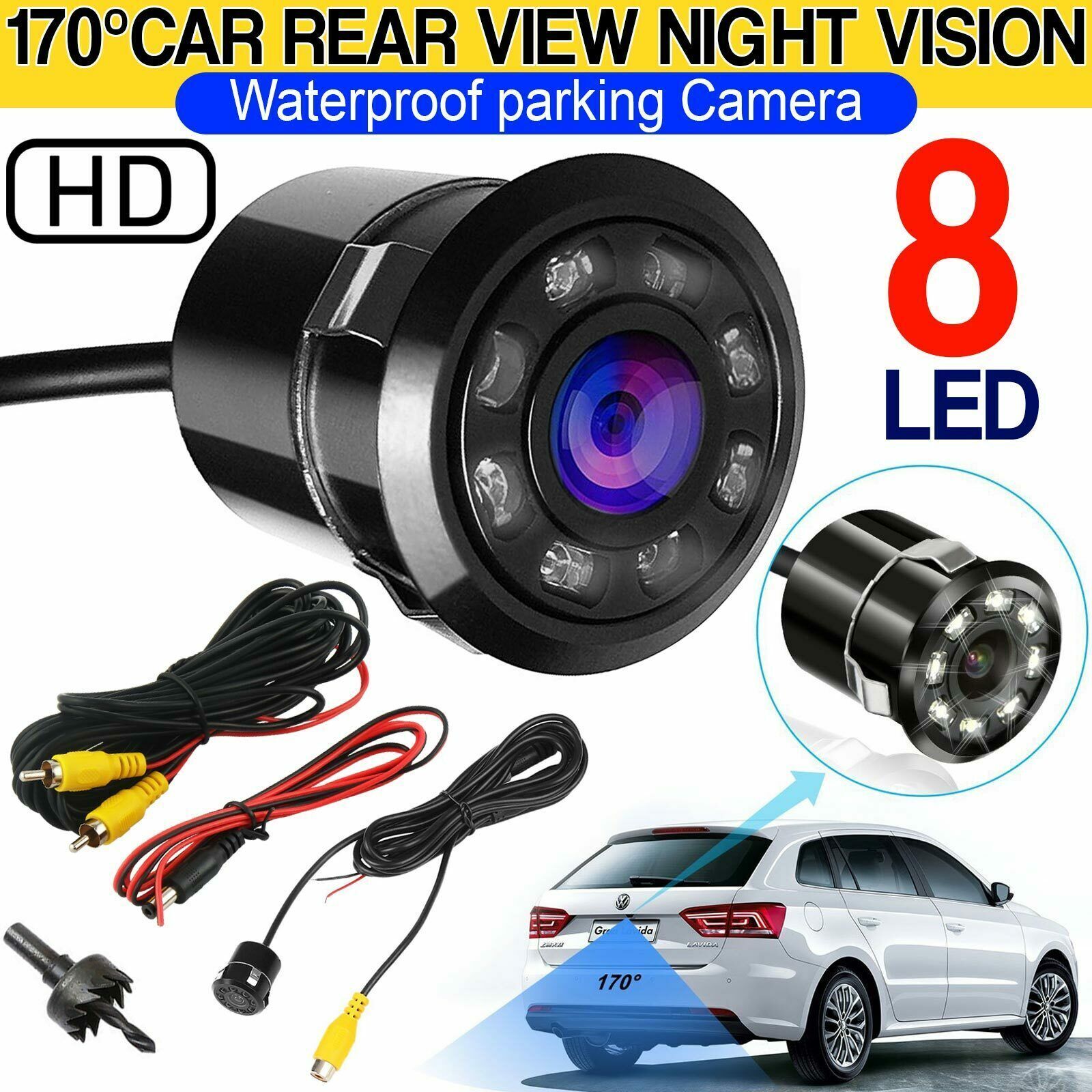 Car Rear View Backup Reverse Camera 170° CMOS 8 LED Night Vision Waterproof