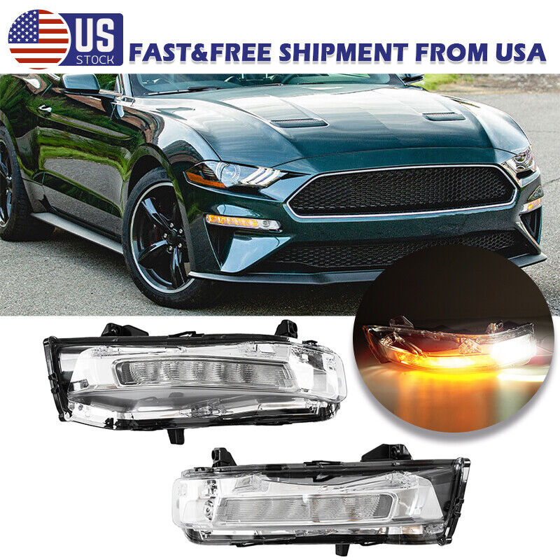For 2018-23 Ford Mustang LED DRL Fog Light Clear Bumper Turn Signal Lamps 2Pcs