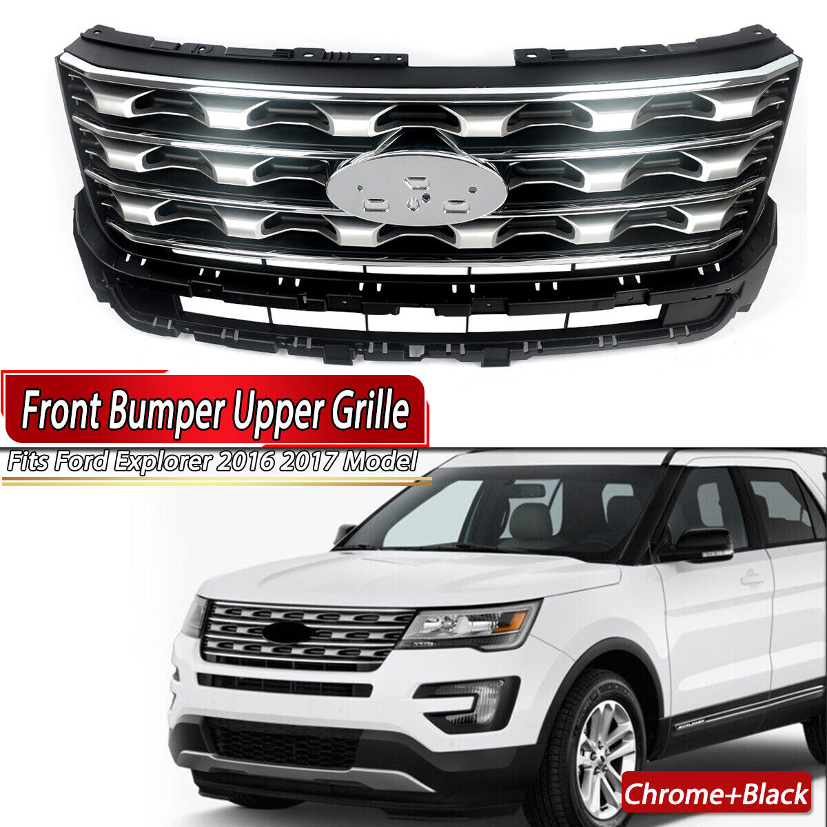 1X Front Bumper Grill Upper Grille Chrome+Black ABS Fits Ford Explorer 2016 2017