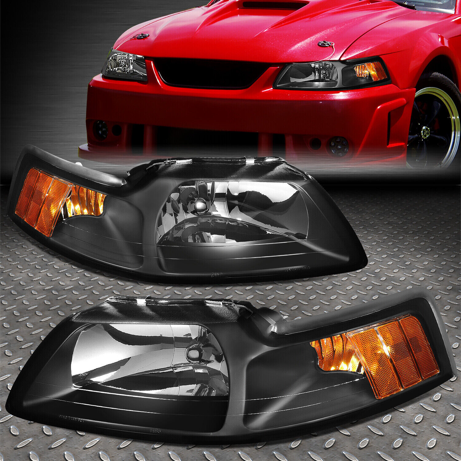 FOR 99-04 FORD MUSTANG BLACK HOUSING AMBER CORNER HEADLIGHT REPLACEMENT LAMPS