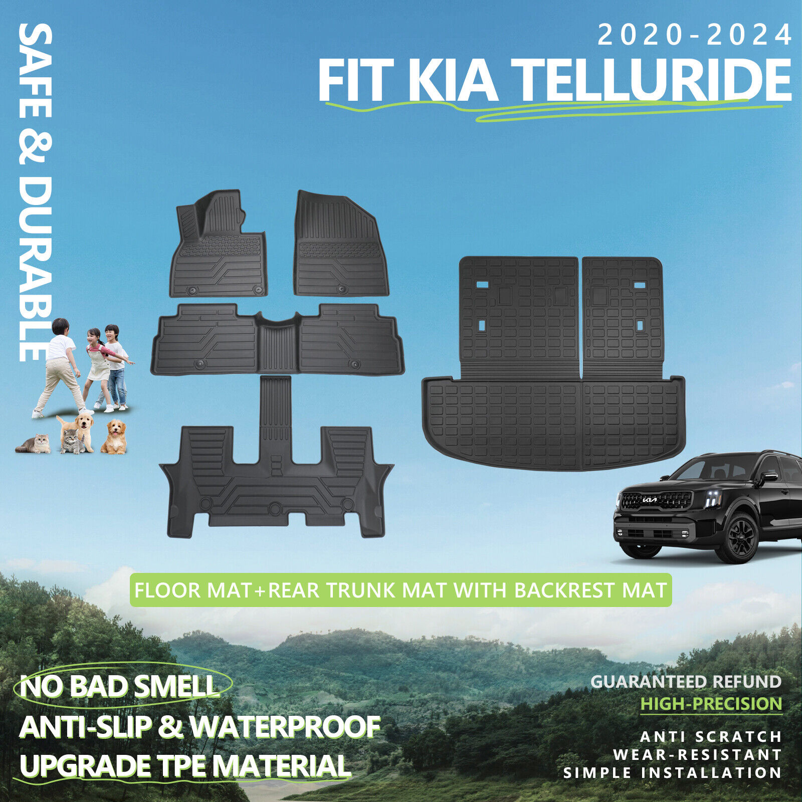 For 2020-2024 Kia Telluride Floor Mats Cargo Liner with Backrest Mats Cargo Mat