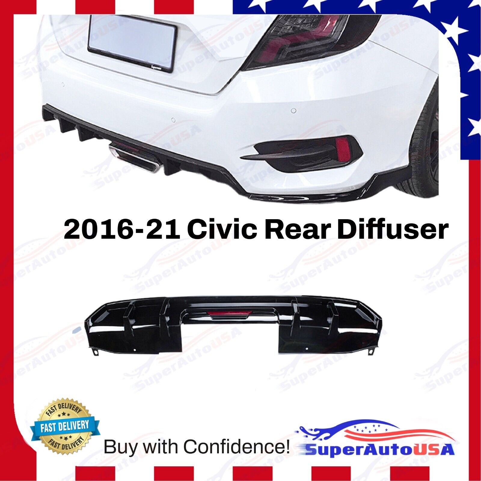 For 2016-2021 Honda Civic Sport Sedan Rear Bumper Splitter Lower Diffuser w/ LED