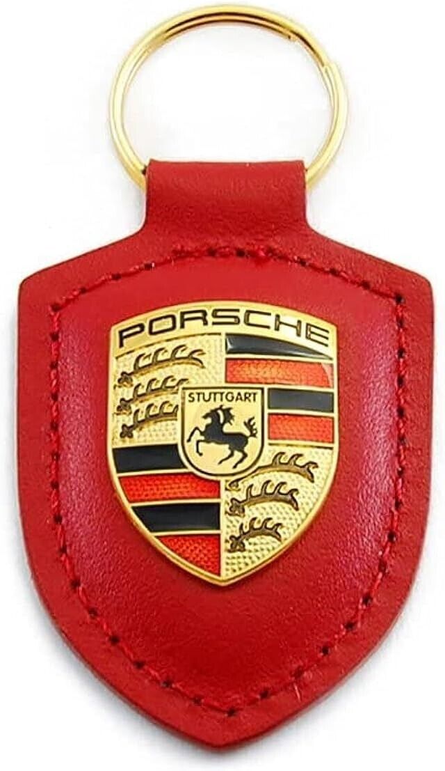 Genuine Porsche Crest Keyring Key Chain Leather Red Color