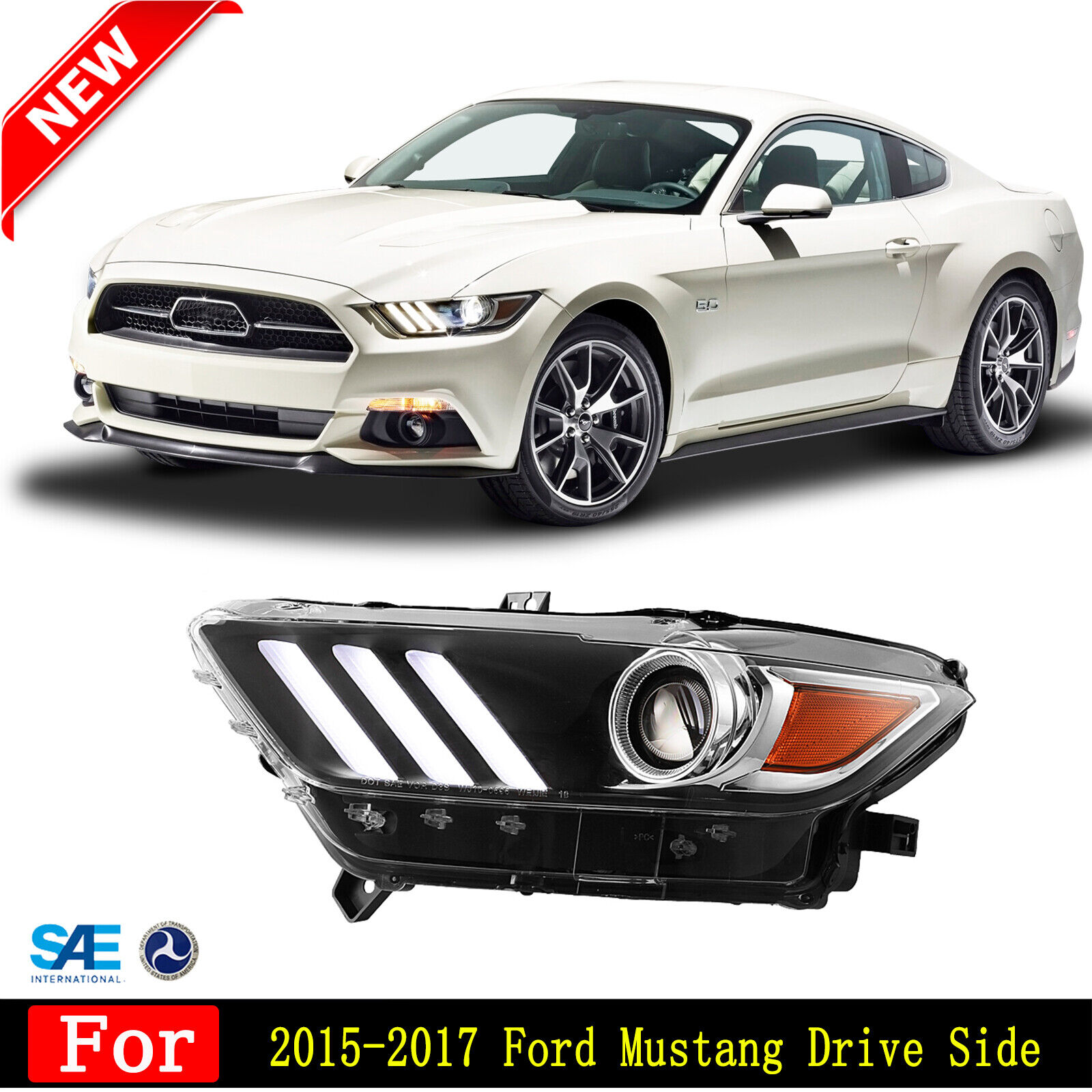 Driver For 2015 2016 2017 Ford Mustang Headlight Projector HID Xenon LED DRL