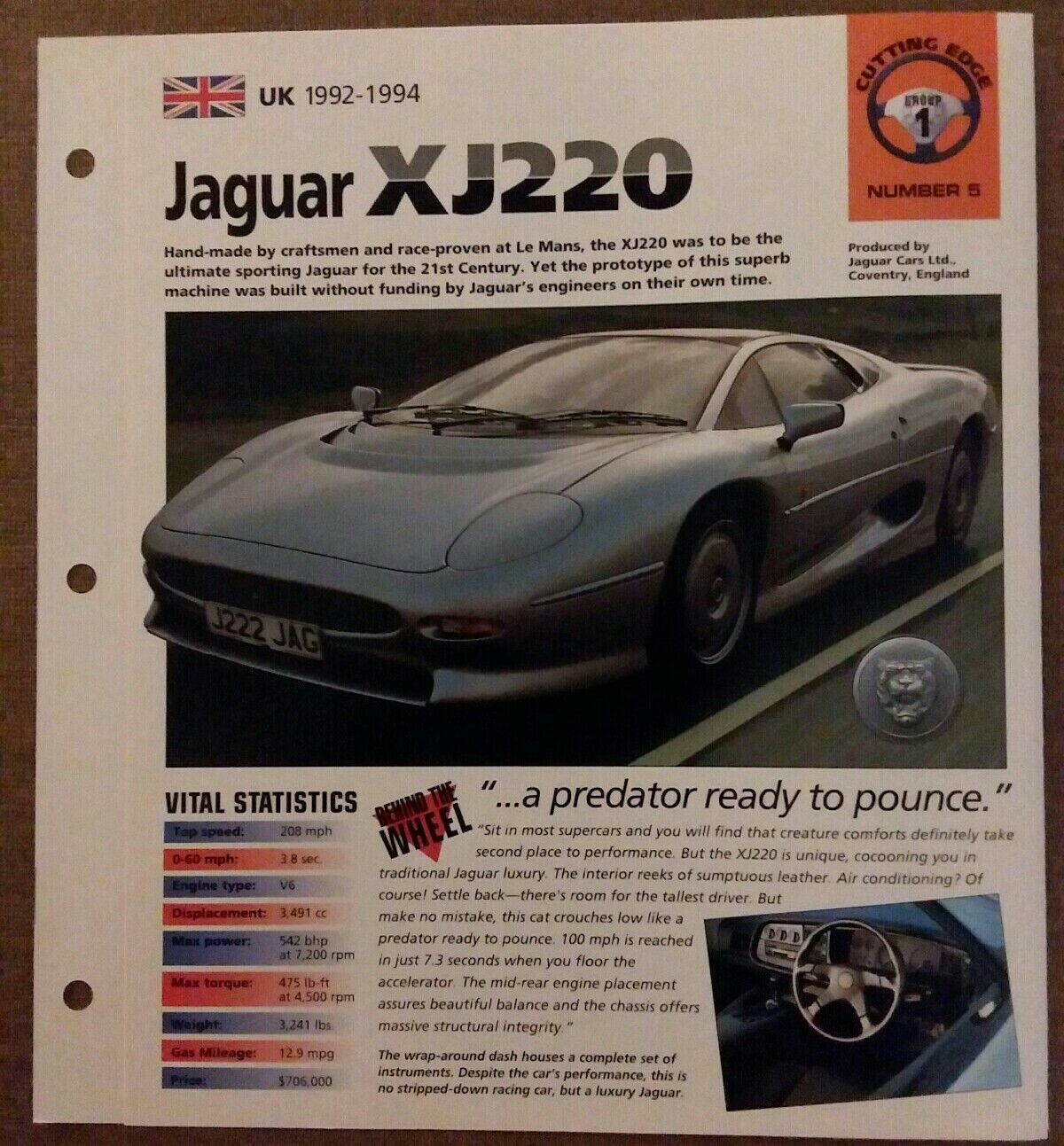 Jaguar XJ220 SPECIFICATION SHEET Brochure Pamphlet Statistics Spec  92-94