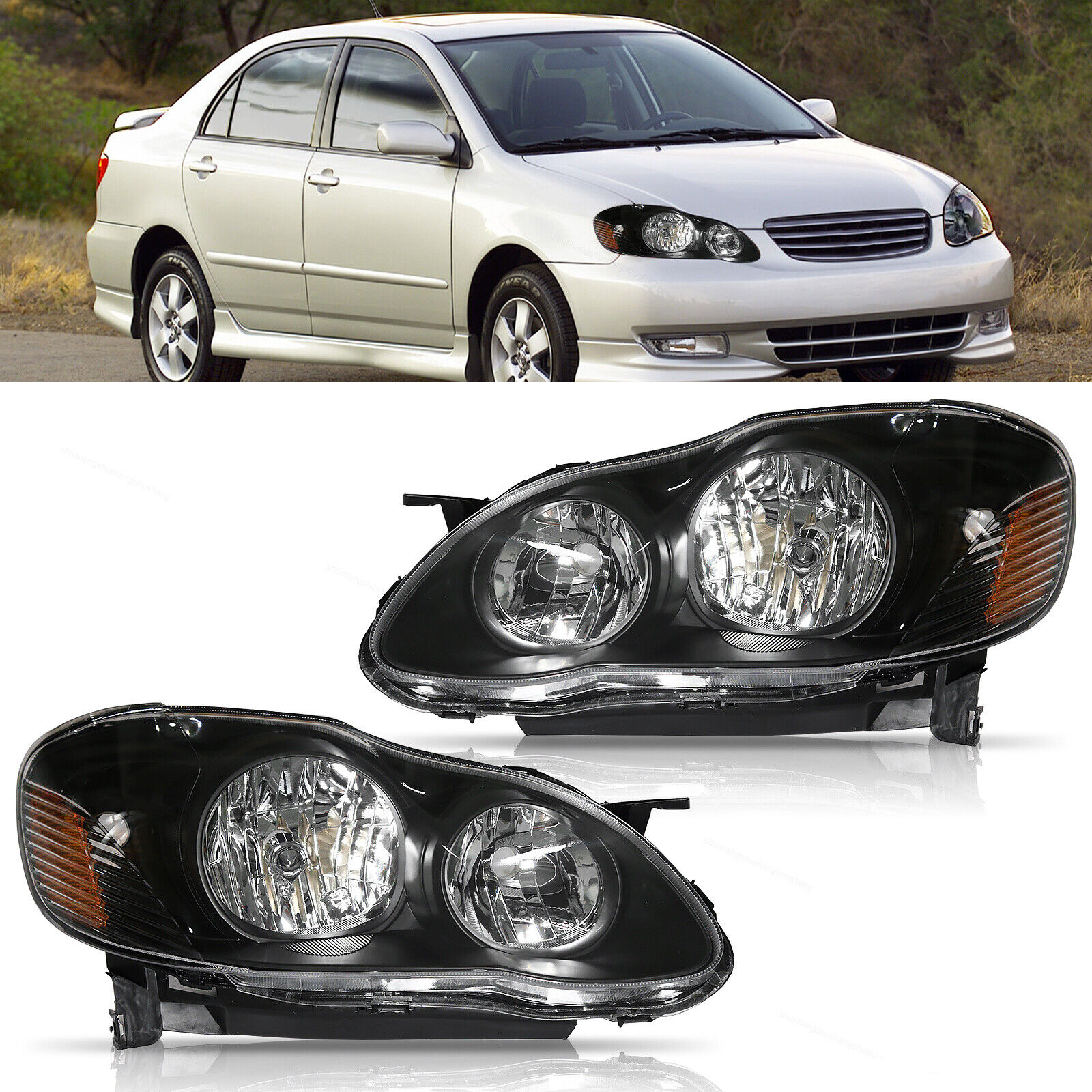 For 2003-2008 Toyota Corolla Front Left and Right Headlights Halogen Lamps Black