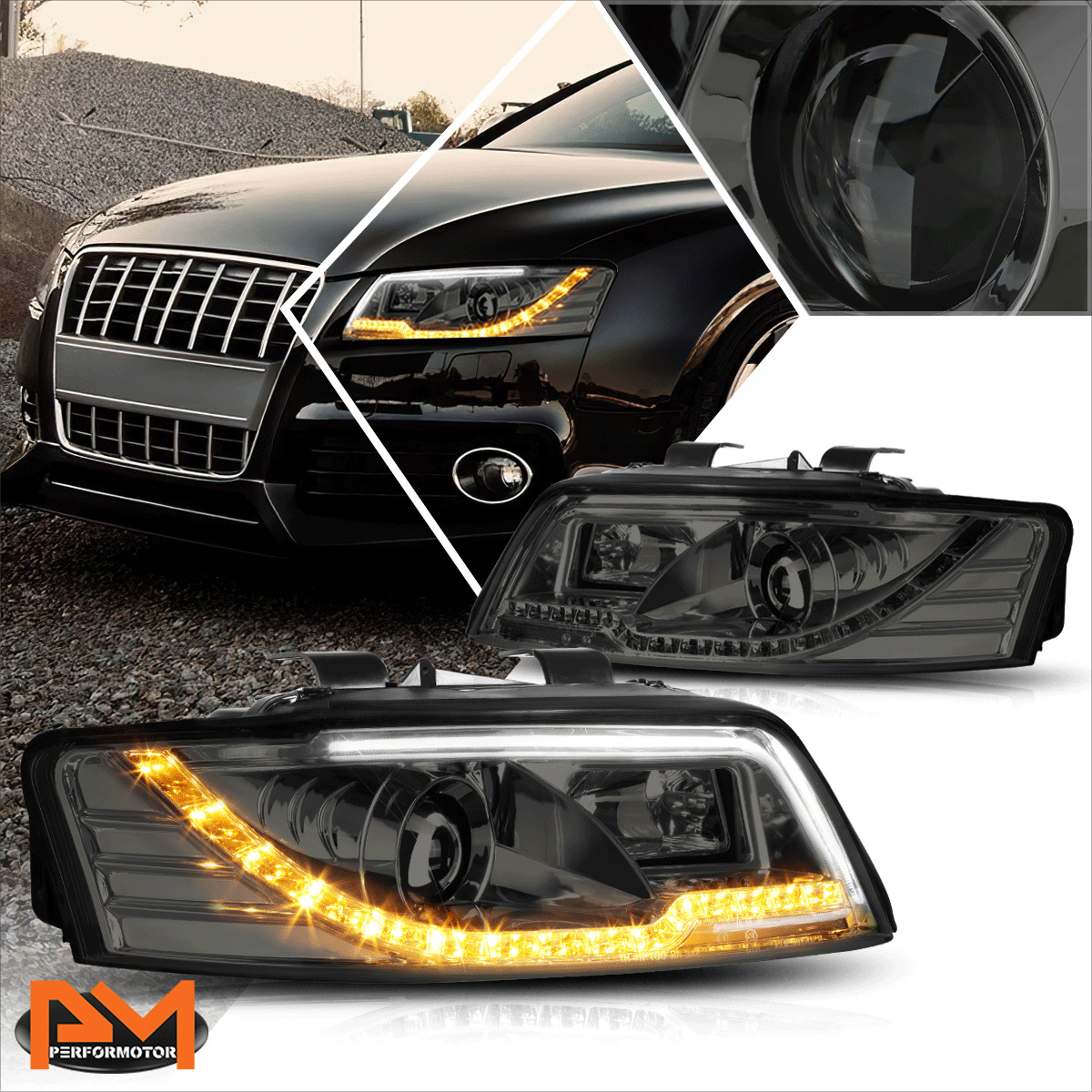 For 02-05 Audi A4 Projector Headlight W/LED DRL+Signal Black Housing Smoked Lens