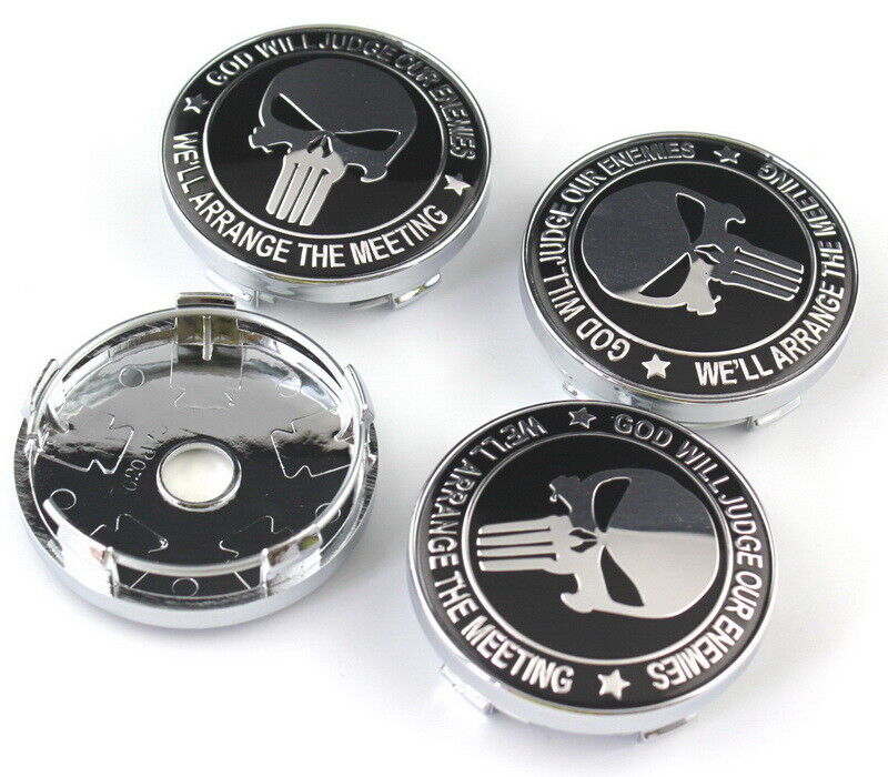 4pcs 60 mm Black Silver Punisher Logo Alloy Wheel Center Caps Rim Caps Hub Caps